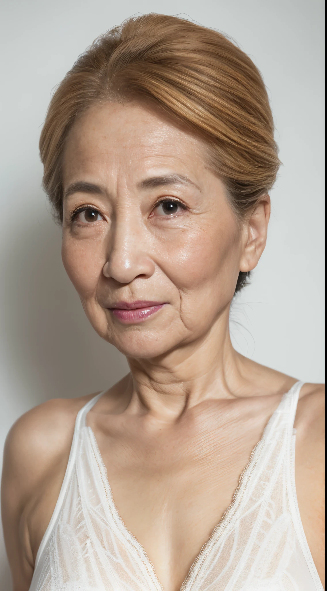 Pure white background, gravure, facing front, wearing brassiere, from the chest up, masterpiece, Best Quality, Ultra-detailed, Photorealistic, super detailed skin, Perfect Anatomy, (1 japanese mature woman), (Solo), 98 years old, Large breasts, ((elderly mature model)), plump, A sexy, Chromo-white skin, Looking at Viewer,