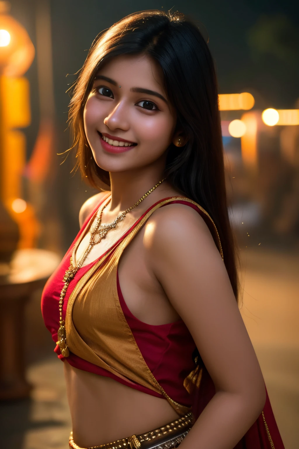 ight scene, close up photo of indian girl , posing, look at a camera and smile cute young face, 18 yo, soft volumetric lightacklit:1.3), (cinematic:1.3), intricate details, (ArtStation:9.16)