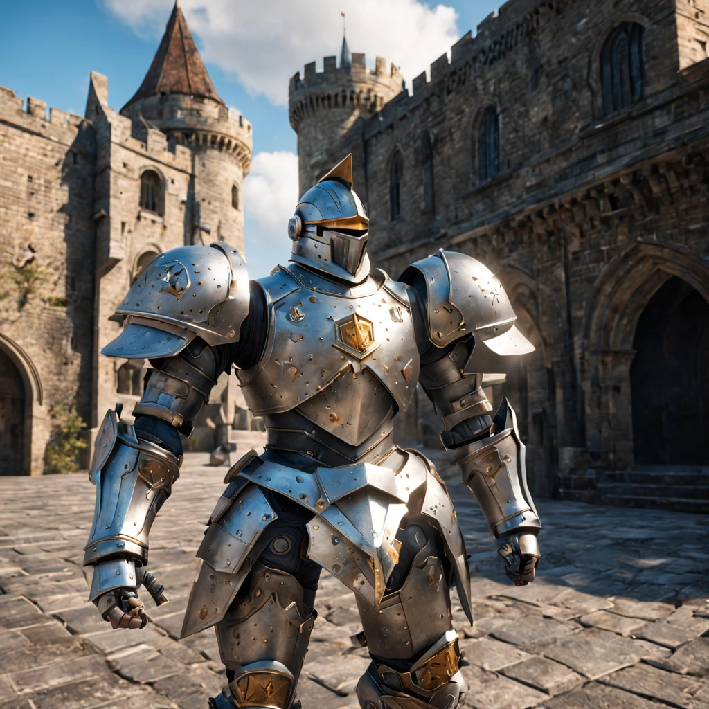 (A knight wearing heavy European medieval armor),(The armor incorporates futuristic science fiction elements),(Glowing lines、High-tech texture and smart sensors),((The knight holds a medieval-style tomahawk)),(tomahawk also incorporates elements of future technology,Energy Light Blade,energy shields,tomahawk exudes a faint glow of energy),(Riding a mighty war horse),Combat equipment also incorporates elements of future science fiction.,The war horse has a glowing saddle、Smart sensing devices and energy shields,Showing the combination of future technology and medieval knight culture。(In the background is the courtyard of a medieval castle。In the background,Future technological cities and aircraft,towering skyscraperlying cars,Suspended cities)。light and shadow effect,ray casting,Subtle shadows and highlights on the knight's armor and weapons,Create light and shadow effects of future technology。GLOWING SWORD
