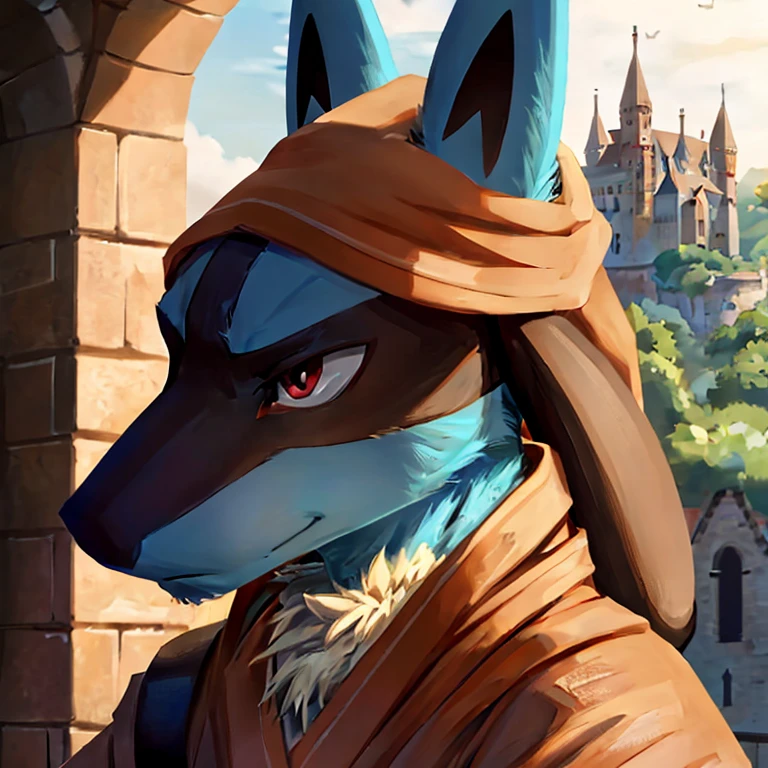 8k, super detail, best quality, anatomically correct, textured skin, solo, male, anthro, Pokémon, ((portrait Lucario wearing monk robes)), high detail, castle background, stoic expression