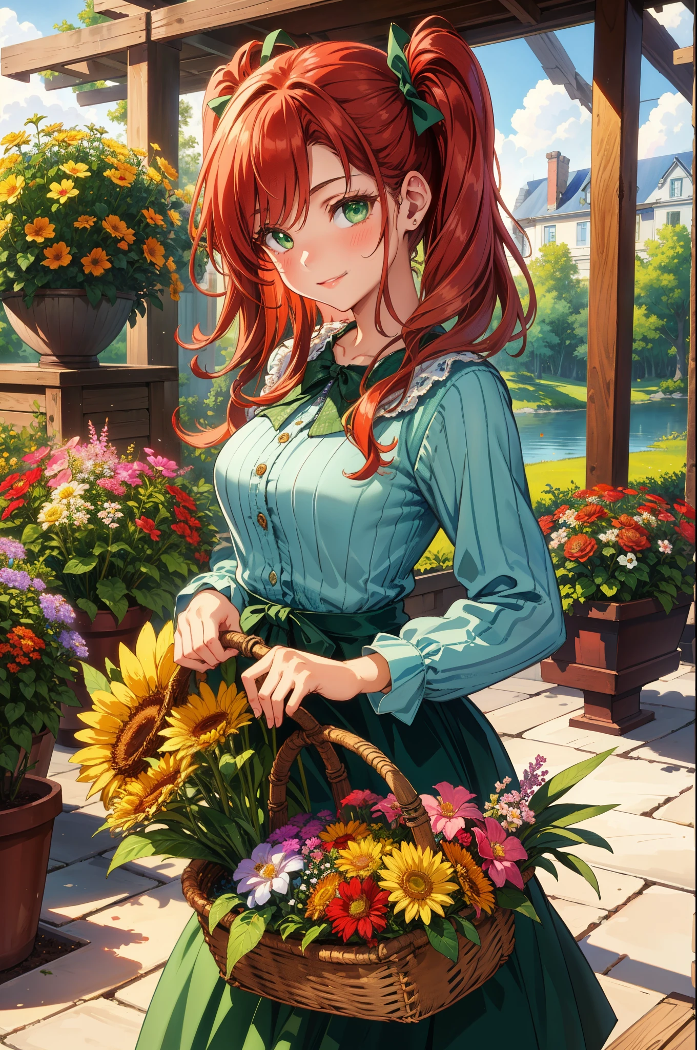 beautiful, (masterpiece:1.2), (best quality:1.2), Early 20th century Canada, cute 14-year-old girl smiling at viewer, Medium length red hair styled into pig tails, green eyes, holding a basket full of flowers.