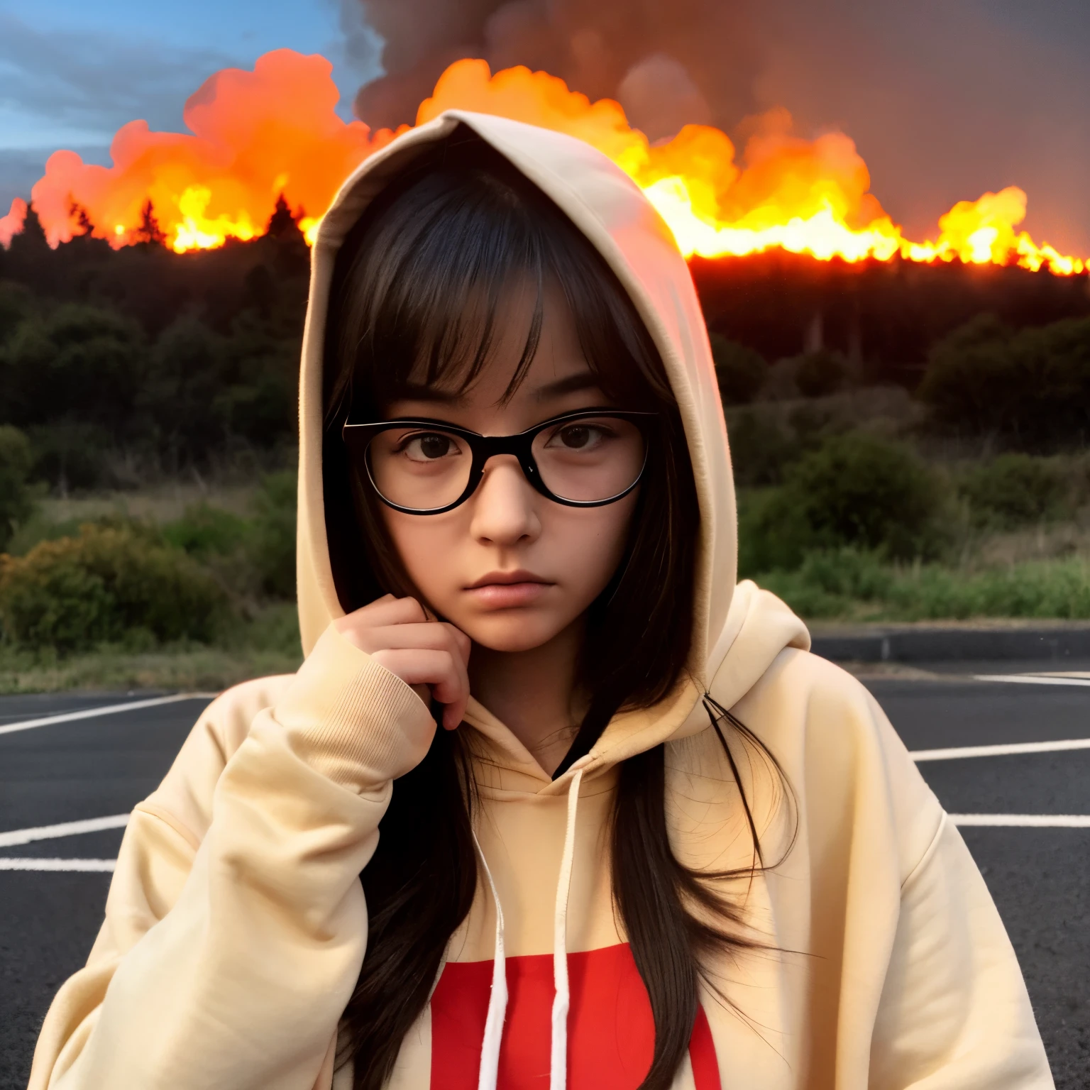 A 20-year-old girl looks like a carton, wearing glasses, a red hoodie, and a fire in the background of the girl, and a fire in the girl's hand, the girl is a little angry.