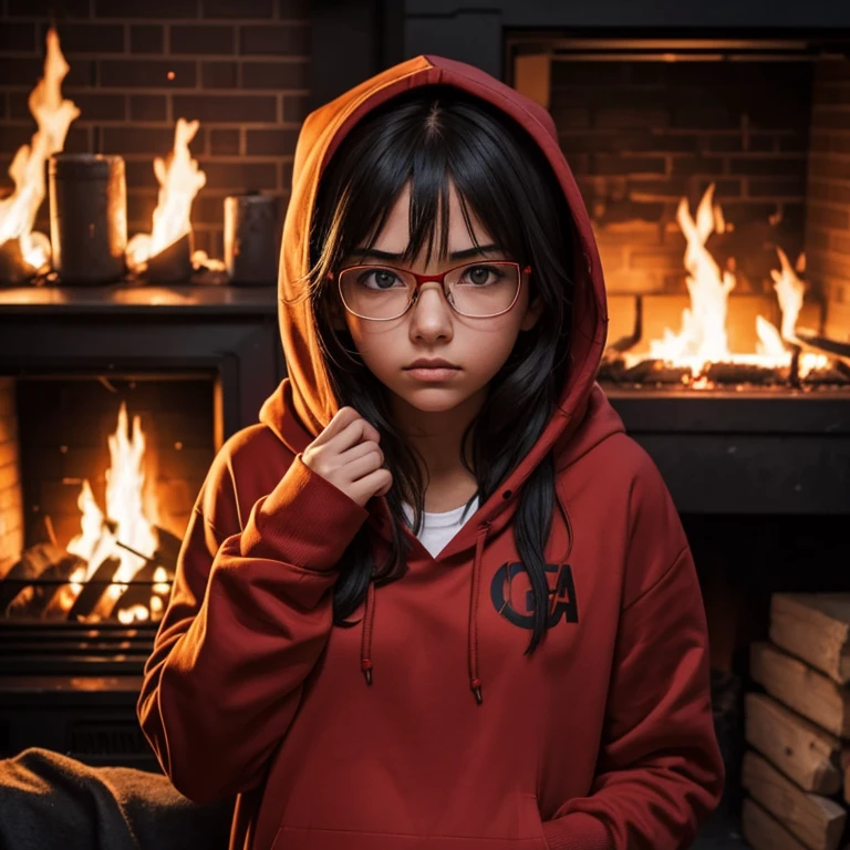 A 20-year-old girl looks like a carton, wearing glasses, a red hoodie, and a fire in the background of the girl, and a fire in the girl's hand, the girl is a little angry.