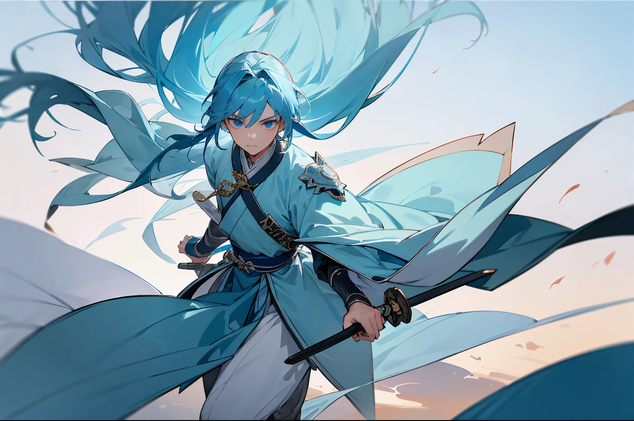 Ten thousand swords，A teenager，male people，Handsome，ancient wind，Surrounded by ancient swords，Sword Fairy，long  blue hair，Detail of gray armor，Chinese blue Hanfu，Light blue eyes，In the sky，There is a blue sword underfoot，Several swords behind the back flew forward，Royal Sword Flight