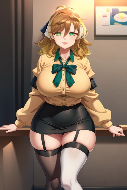 amicia michella - nijisanji, 1girl, (((bimbo))), brown short hair, yellow inner hair, wavy hair, green eyes, (((bimbo))), thin lips, painted lips, shy smile face, wide hips, thick thighs, huge round ass, shiny oily breasts, white shirt, black medium skirt, thigh high, garter, full body, dynamic pose, office, nsfw