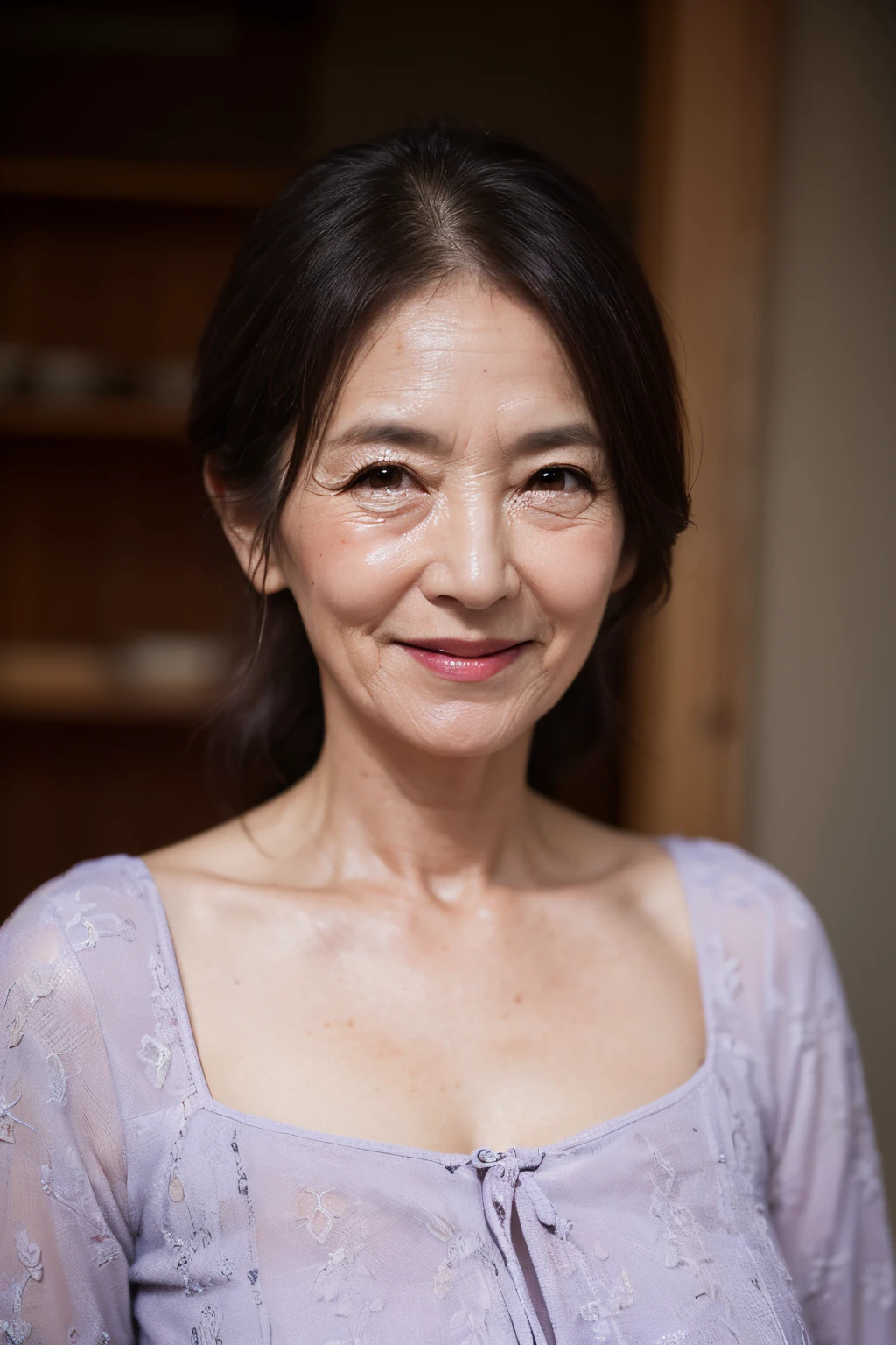 (masutepiece:1.4), High Definition,(High quality:1.4),(60-year-old woman:1.4),(Wrinkles on the face:1.4),Beautie,breasts,Smile,cowboy shot,Batik Dress