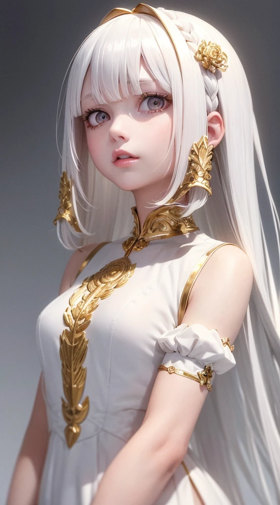 best quality, masterpiece,white hair, gold eyes,white clothes, looking up, upper body,hair strand,Fair skin,side braids