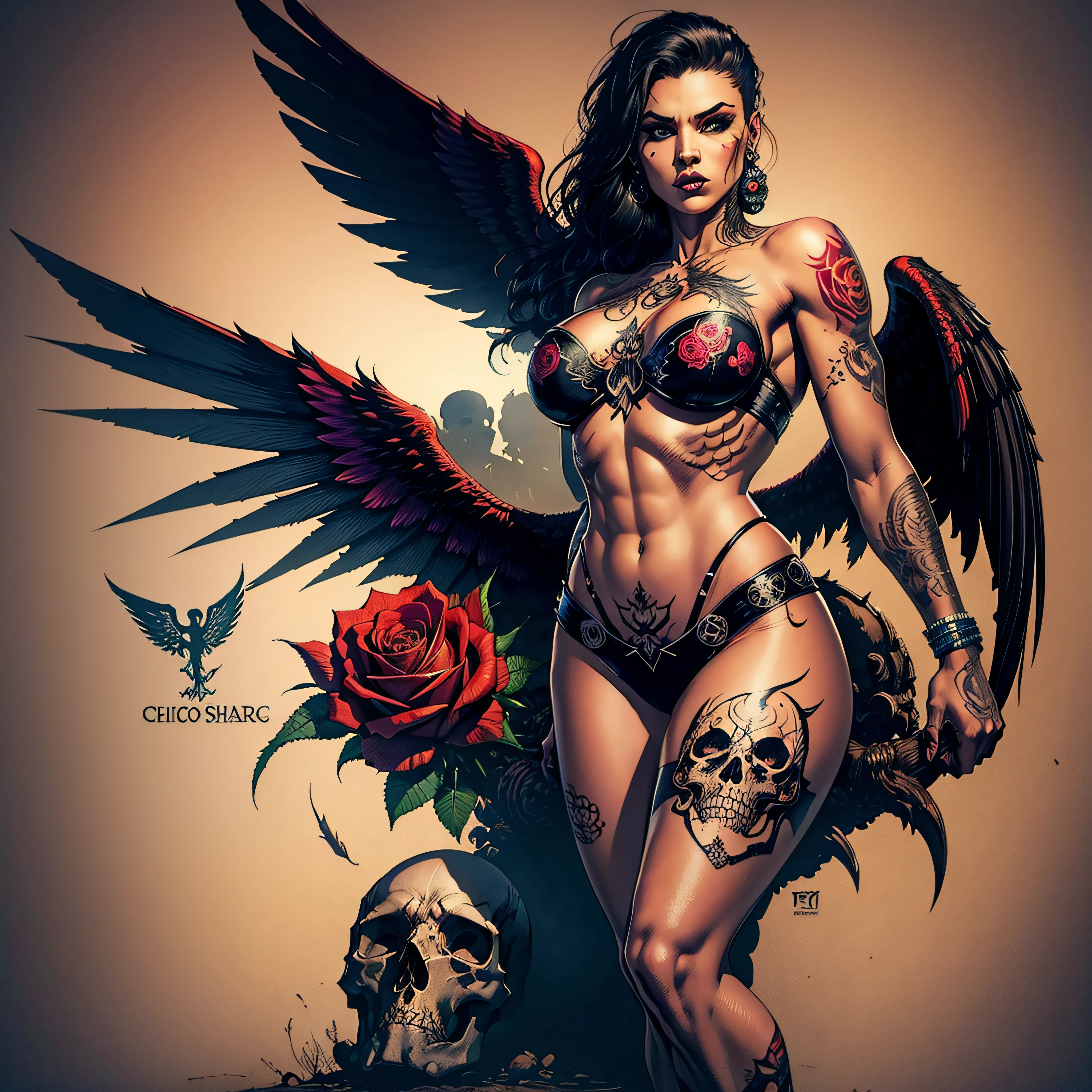 awesome logo of a Chicana style tattoo of a skull, roses, beautiful wings best quality 8k art by Ray Shark