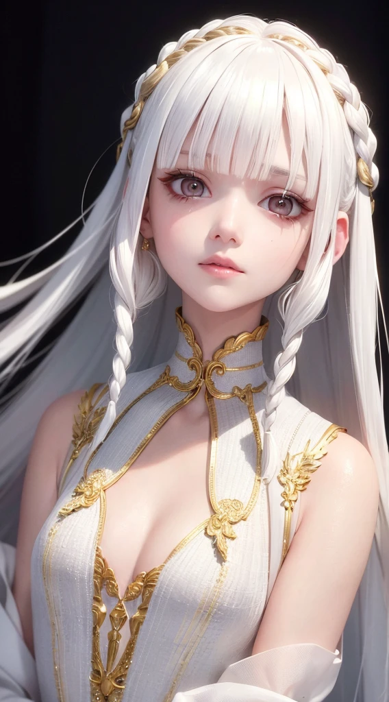 best quality, masterpiece,white hair, gold eyes,white clothes, looking up, upper body,hair strand,Fair skin,side braids