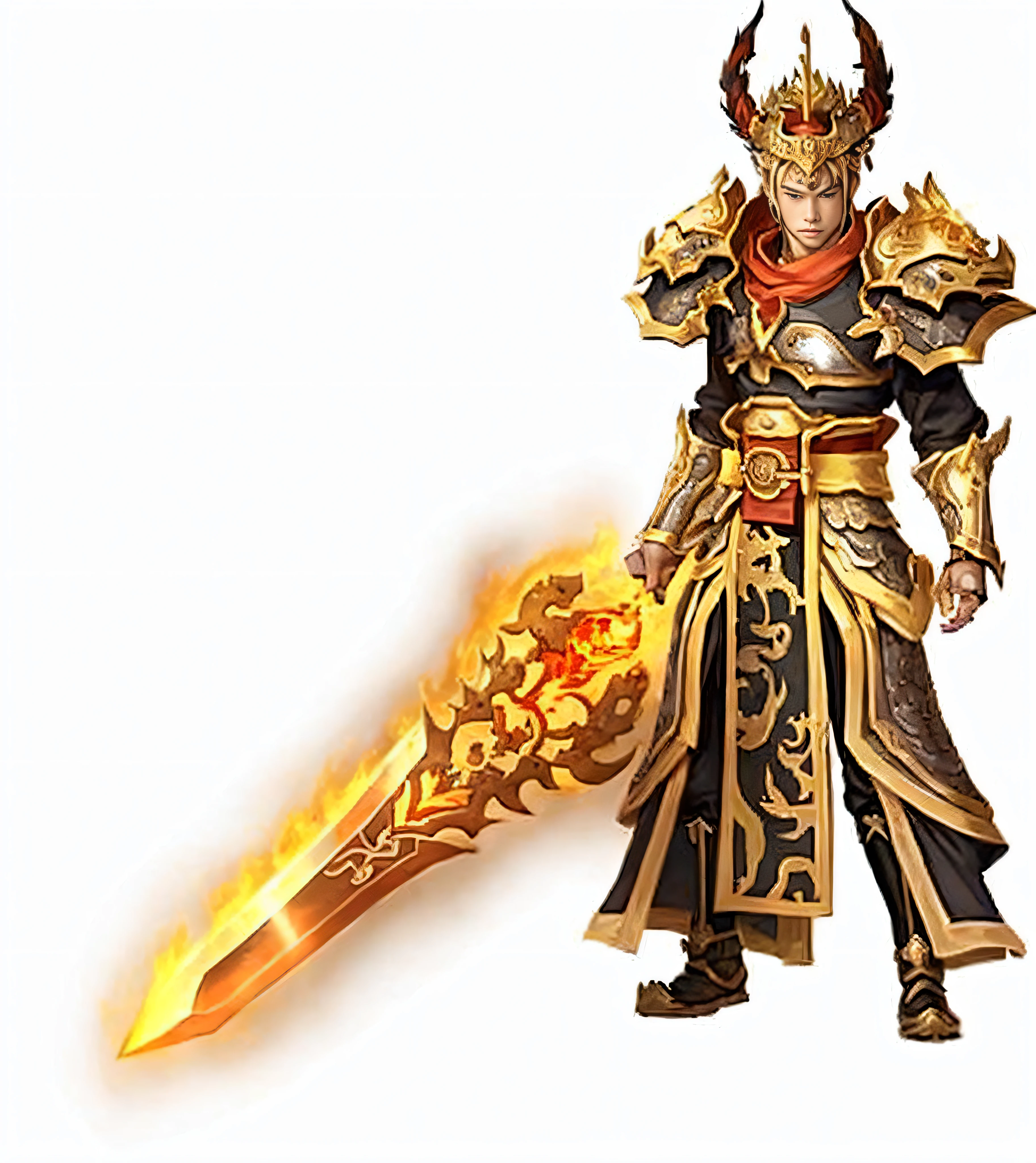 a close up of a man with a sword and a fire, sun wukong, flame conjuring armored, heise jinyao, , bian lian, Inspired by Huang Shen, Paladin golden armor, gold paladin, Black fire reflective armor, Fire Mage, Epic Paladin armor, Inspired by Yang Jin, ruler of inferno