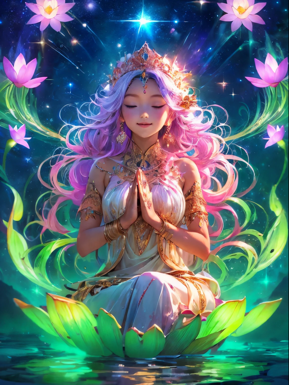 highest quality,tmasterpiece:1.2,Detailed details of beautiful young goddess,Smile gently. She clasped her hands in prayer and meditation. She wore a white dress,Stars sparkle in the blue night sky, you sit on a lotus,In a fantastic atmosphere,You feel as if you are one with the universe. k hd, 8K