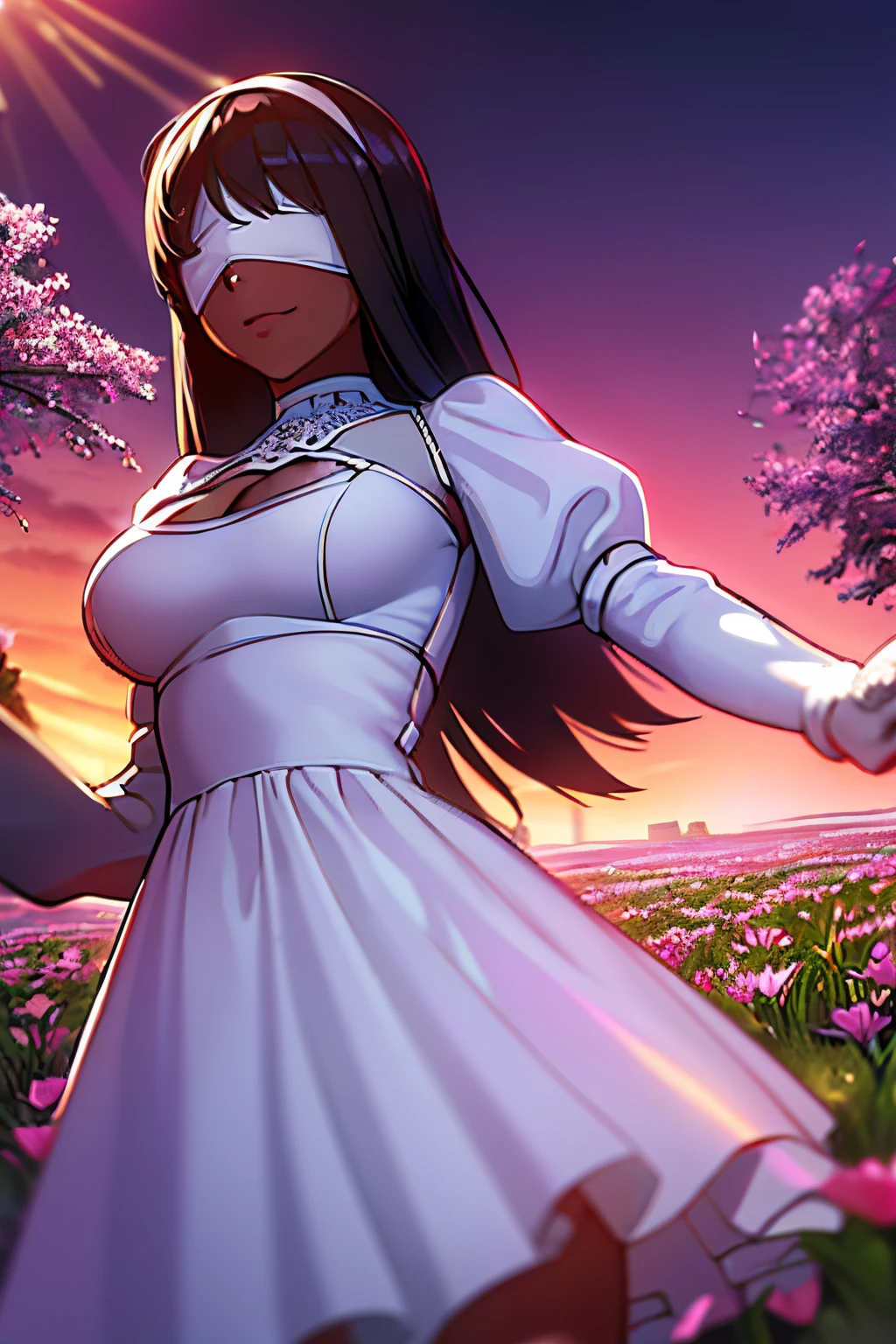 A girl in a spring flower field, wearing a dress and blindfolded, detailed eyes and face, beautiful detailed lips, long eyelashes, 2 girls, oil painting, ultra-detailed, best quality, 4k,highres, HDR, vibrant colors, soft lighting, cheerful atmosphere, blooming flowers, bright sunshine, flowing dresses, joyful expressions, nature-inspired, dreamy, impressionistic style