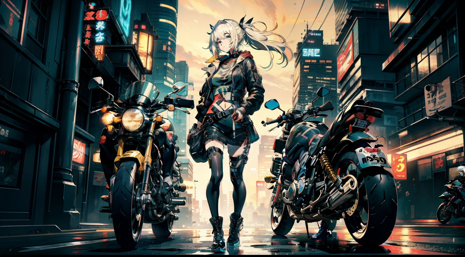cyberpunked、girl with、mechanic、comical、Anime style、white hair、motor bikes、Rider Jacket、punk coloring、sity、nightcity、A woman whose body was turned into a machine、group