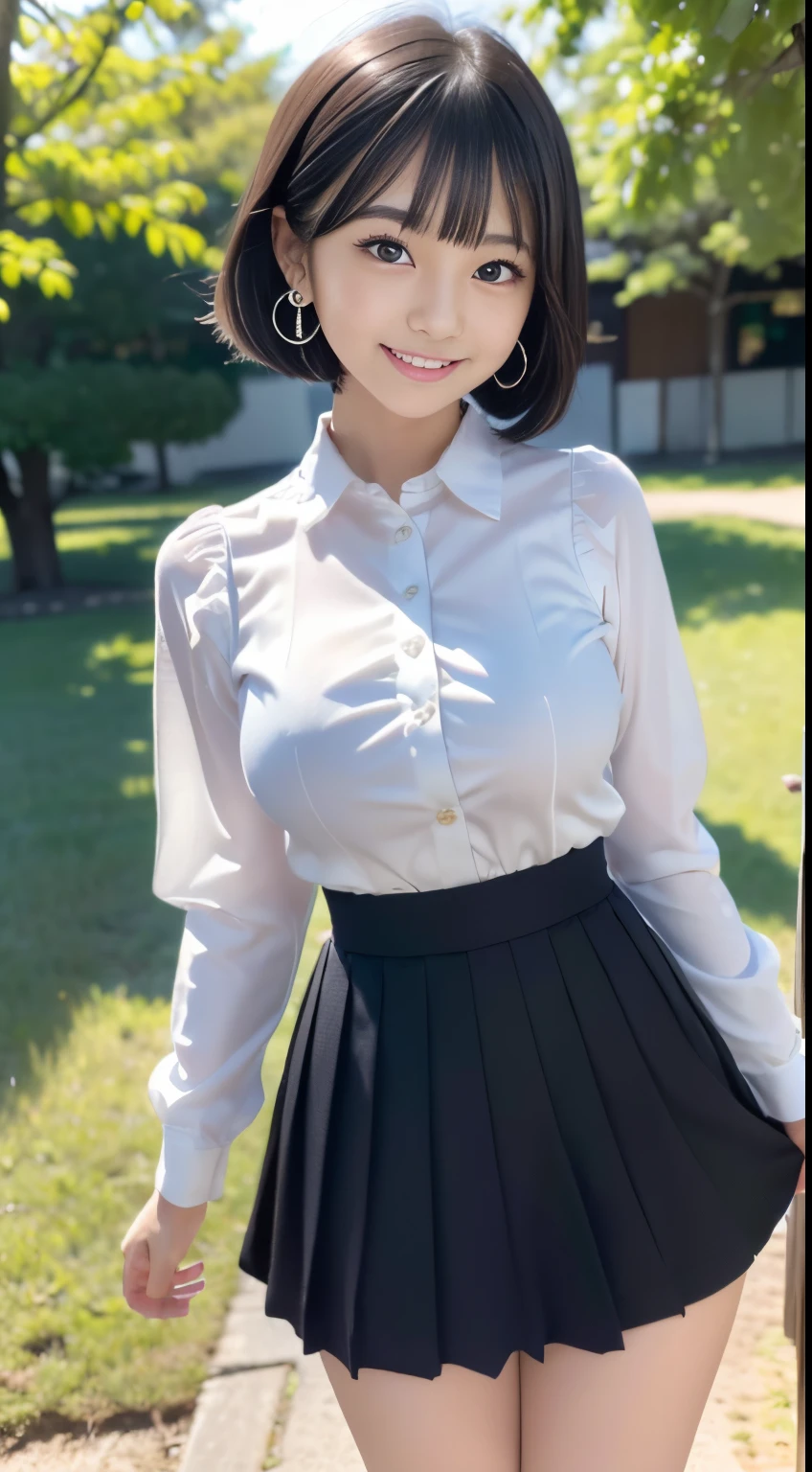 (Surrealism, RAW photo, Nikon, 8k, super detail, masterpiece, high details, anatomically correct, intricate details, super detailed), 
(Japanese pin-up mode, Japanese high school girl, , slim waist and busty body, Haruka Hukuhara, Hinano Himeno), 
((very accurate human body, highly detailed face, Highly detailed beautiful eyes, realistic skin, Impossibly cute, younger sister girl, affectionate cute, cute girl, surreal girl, really cute, the cutest:1.2)), 
((black hair, short bob cut, one little earring, lively eyes, round face, eyebrows downward, light blush, Look at viewers:1.1)), 
((Dancing with Hanafubuki, look at the viewer)), 
(smile, grin), 
(long frilled skirt、long sleeved shirt), 
(blue-sky、Vast park), 
Natural lighting, full length, whole body