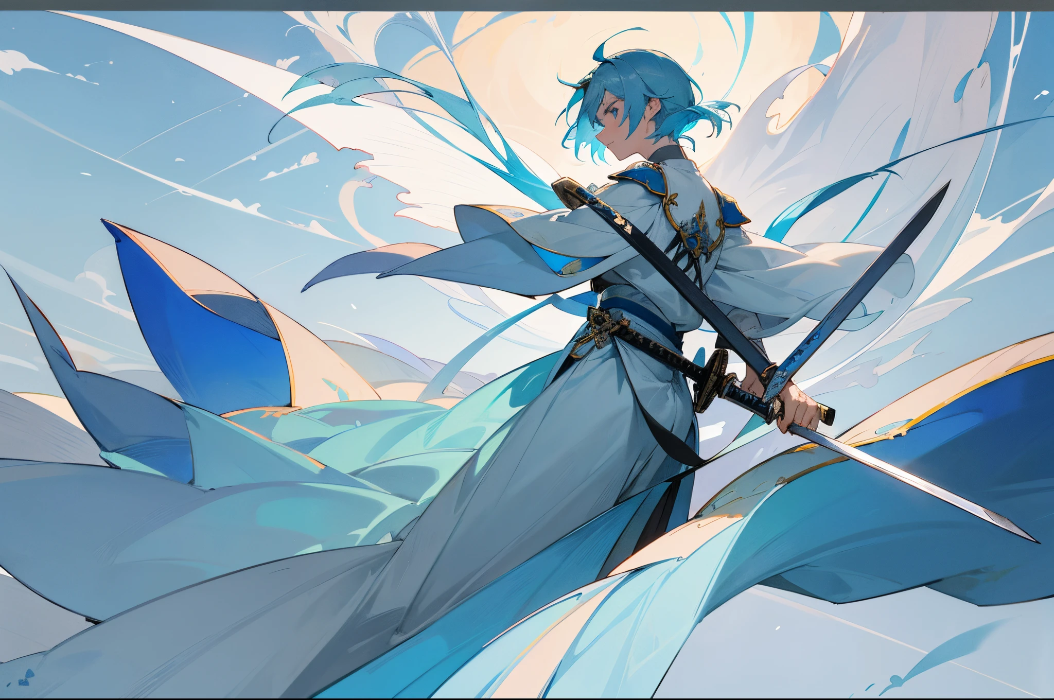 Ten thousand swords,A teenager,male people,Handsome,ancient wind,Surrounded by ancient swords,Sword Fairy,long baby blue hair,Detail of gray armor,Chinese blue Hanfu,Light blue eyes,In the sky,There is a blue sword underfoot,Several swords behind the back flew forward,Royal Sword Flight,A thin blue sword in hand