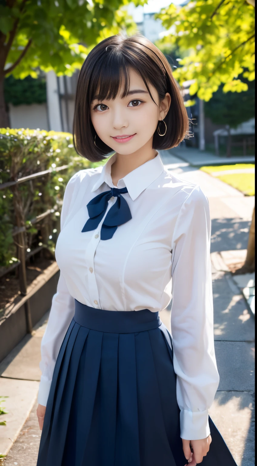 (Surrealism, RAW photo, Nikon, 8k, super detail, masterpiece, high details, anatomically correct, intricate details, super detailed), 
(Japanese pin-up mode, Japanese high school girl, , slim waist and busty body, Haruka Hukuhara, Hinano Himeno), 
((very accurate human body, highly detailed face, Highly detailed beautiful eyes, realistic skin, Impossibly cute, younger sister girl, affectionate cute, cute girl, surreal girl, really cute, the cutest:1.2)), 
((black hair, short bob cut, one little earring, lively eyes, round face, eyebrows downward, light blush, Look at viewers:1.1)), 
((Dancing with Hanafubuki, look at the viewer)), 
(smile, grin), 
(long frilled skirt、long sleeved shirt), 
(blue-sky、Vast park), 
Natural lighting, full length, whole body