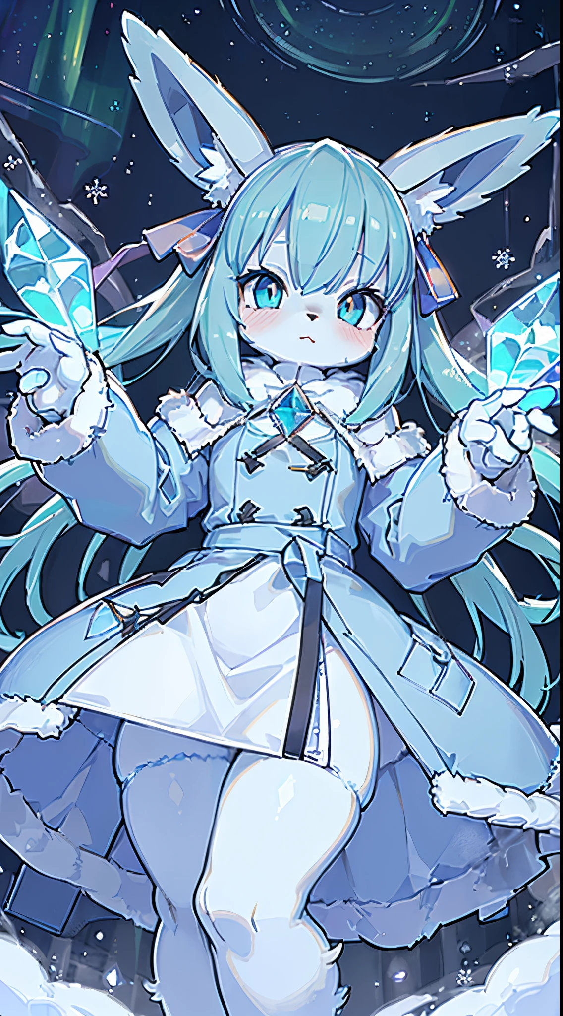 masterpiece, best quality, HD, ultra-detailed, vivid colors, Pokemon Glaceon, snow Evee, snow pokemon, icy pokemon, (furry:1.35), humanoid, humanization, anthropomorphic, on 2 legs, beautiful detailed eyes, frozen environment, icy blue color palette, ((crystal-like fong fluffy tail and ears, detailed crystal green hair color, beautiful bangs of hair, curly strands of hair, (( cloth, cloth with mantle, fur coat:1.25)), snowflakes floating around, dramatic pose, aurora borealis in the sky