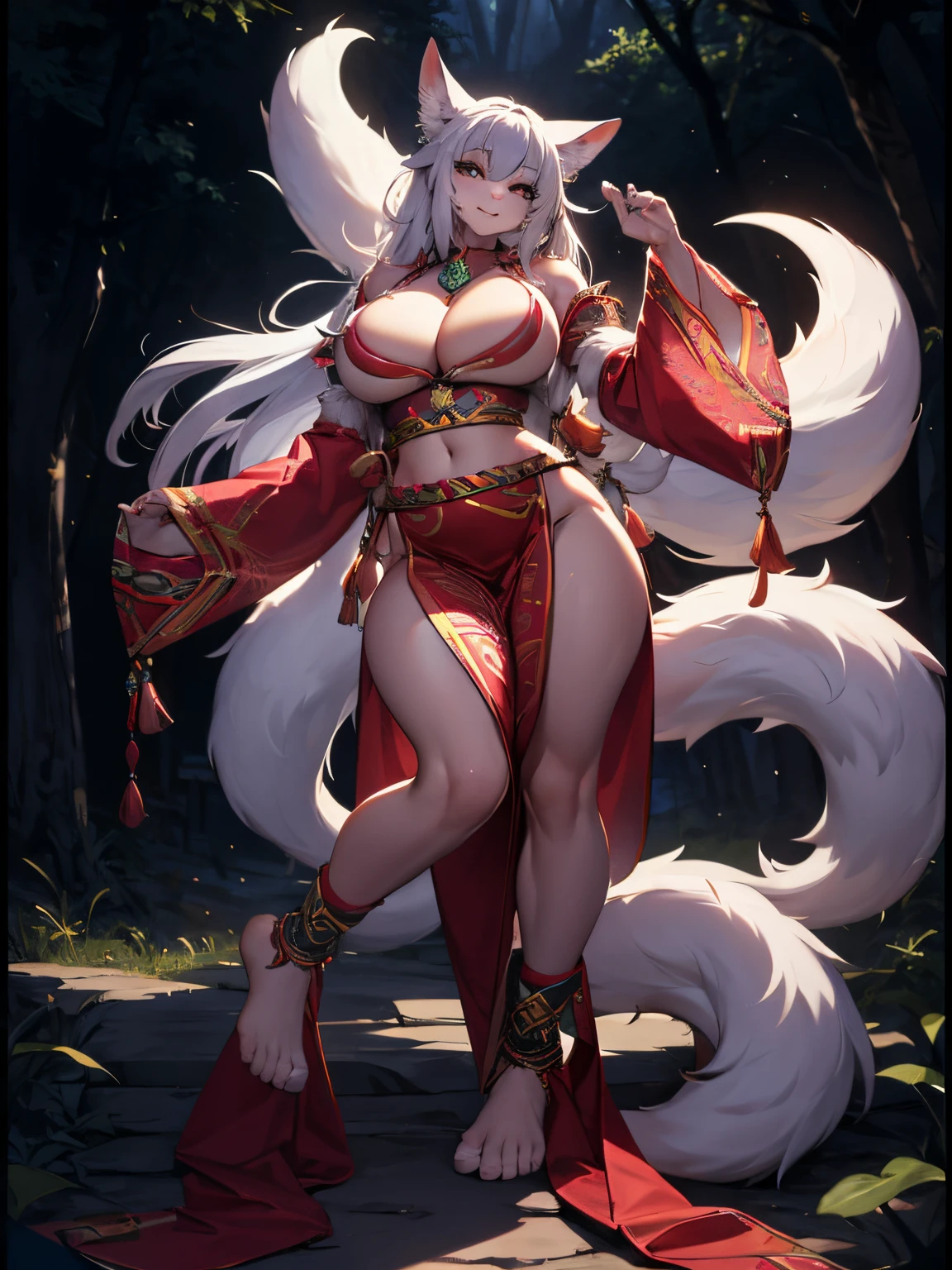 （Best quality），4K，Noble female nine-tailed white fox，furry ears and hands and feet，long leges，The expression is fascinating，Wear tribal clothing，forest backgrou，orc race，Pink Long Hair