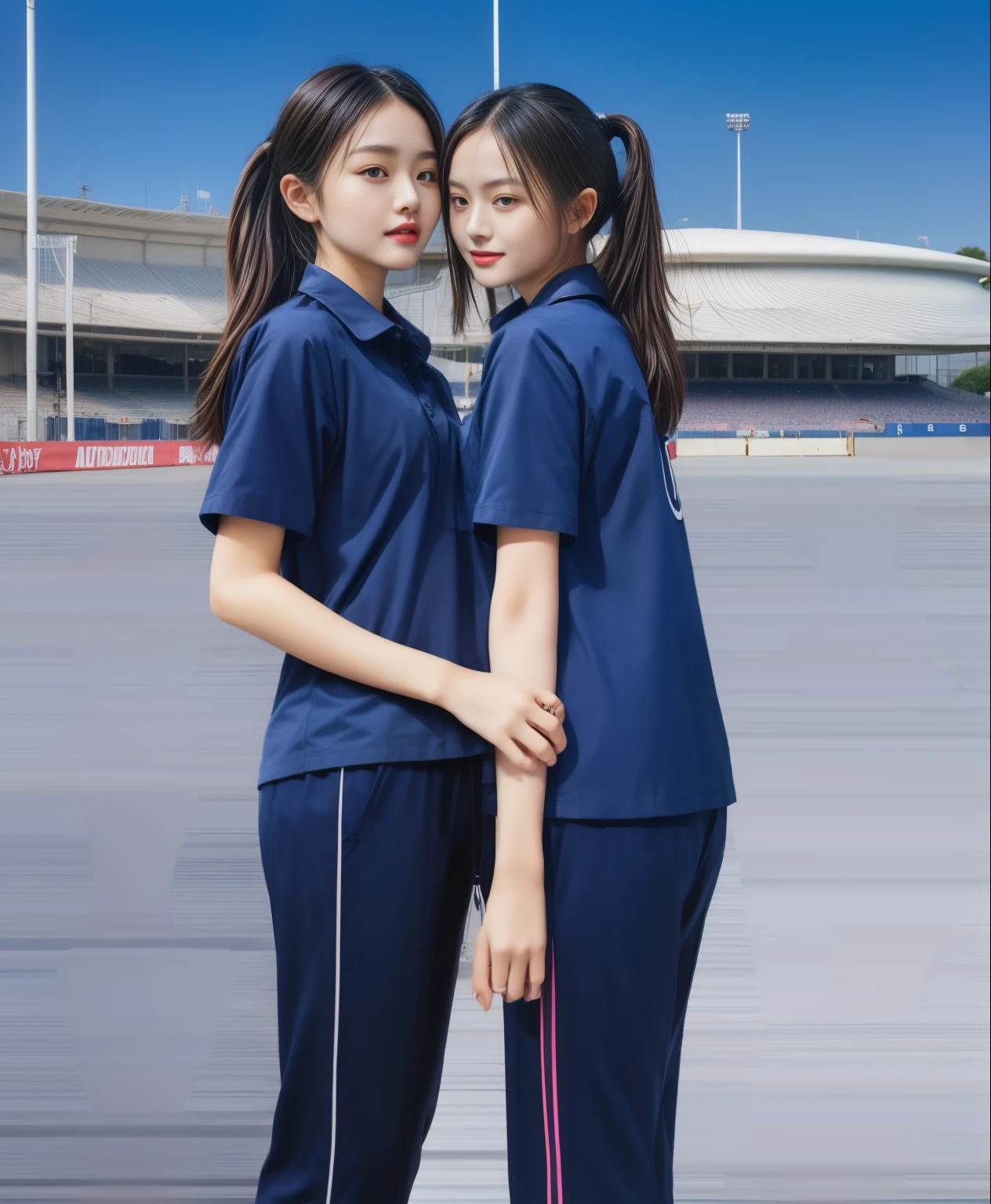 (bestquality,10,10,highres,masterpiece:1.2),ultra-detail,(Realistic,photorealistic portrait,photo-realistic:1.37),1 Cute girl in the football field,oily shiny skin,bara,light smile,BDclothelue shirt:1.3)),short sleeves,shirt, trousers.,(navy_long_Pants Track:1.1), ((Stadium Background:1.3)),dynamic angle,excited,face focus,Dynamic Poses,from behide,Ass Focus,masterpiece, bestquality, ultra realistic, hyper-detail, 8k resolution, RAW photo, crisp focus, ((Navy blue shirt:1.1)), short sleeves, Long Path, Perfect body, 2 mature women, 18yo, cinematic light,Blue sweatpants,Gymware,Correct anatomy,Complete body, Correct body, sharp face, Anatomically correct body, full entire body, Realistic gestures, long-haired, Realistic poses,Wear long shorts...........................................,Long leg span,Shapely,Sculpting Girl, Slender Figure, mannequin mannequins, Shapely, Beautiful body,Blue sweatpants, Two girls kissing