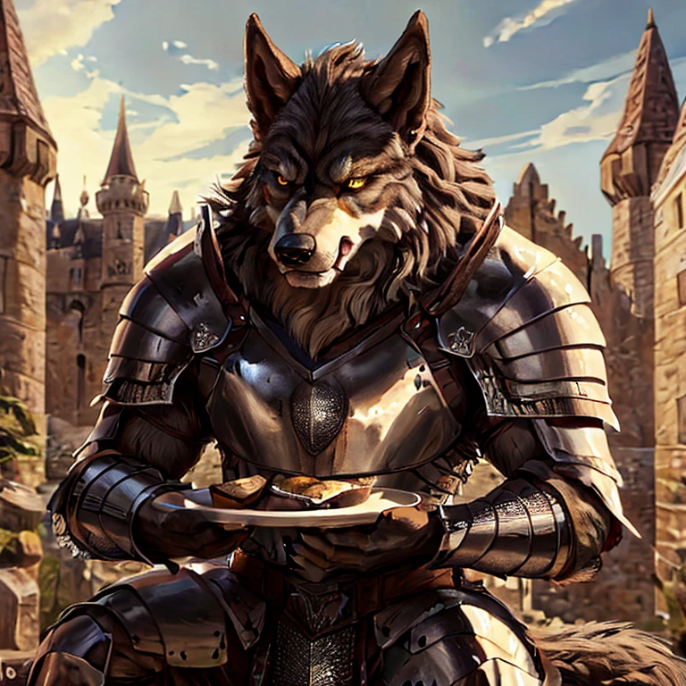 8k, super detail, best quality, anatomically correct, textured fur, solo, male, anthro, ((werewolf wearing plate mail armor)), high detail, castle background, stoic expression