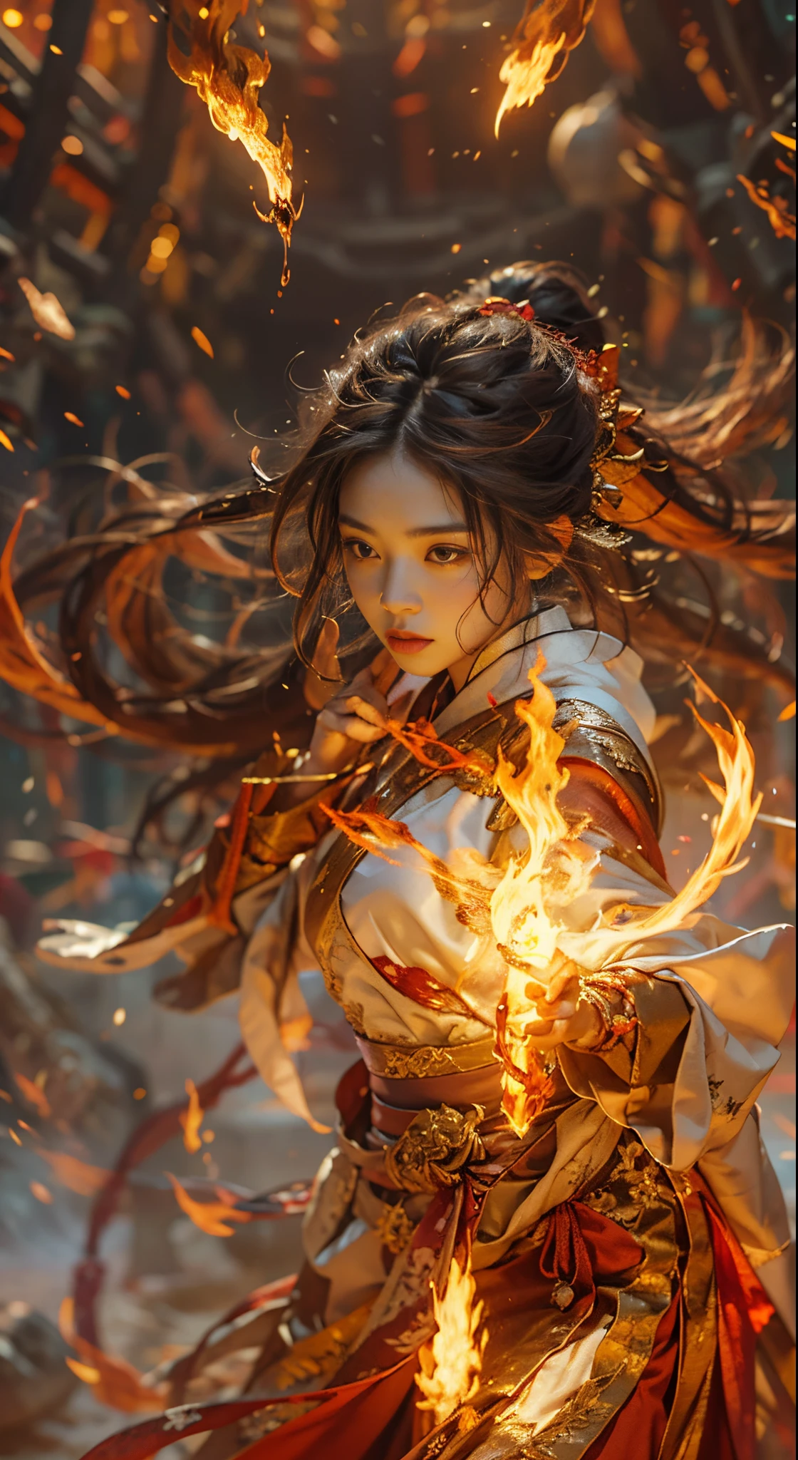 1girll，Beautiful, Chinese girl, Solo, Flame mage dressed in fiery red（Chinese Hanfu), Slender，The robe was embroidered with intricate runes and ornamentudes a burning breath, She was tall and strong，Hands up，Powerful fire spells are being unleashed, Her eyes were firm and sharp，A flash of fire flashed in her eyeehind the Flame Mage，（A huge flame phoenix spread its wings and flew：1.2），（The feathers of the phoenix burned with roaring flames），It shines brightly，Its body is surrounded by flamelame feathers danced，Form a spectacular flaming six-pointed star array pattern，Full of mysterious magic，The whole scene is full of fiery aura and passion for fighting，Large areas of flame spells bloomed in the air，A brilliant arc of flame and flying sparks formed，（Flame Mage and Phoenix），It appears majestic and mysterious in the midst of raging fires，Like the embodiment of fire and magic，red hair，high detal，ultra-realistic realism，Verism，（（Bust photo）），（real photograph：1.4），（lightand shade contrast），cinmatic lighting，Realistic special effects，rendering by octane，Ray traching，in a panoramic view，angle of view，textureskin，super detailing，hyper HD，tmasterpiece，anatomy correct，best qualtiy，A high resolution，8K