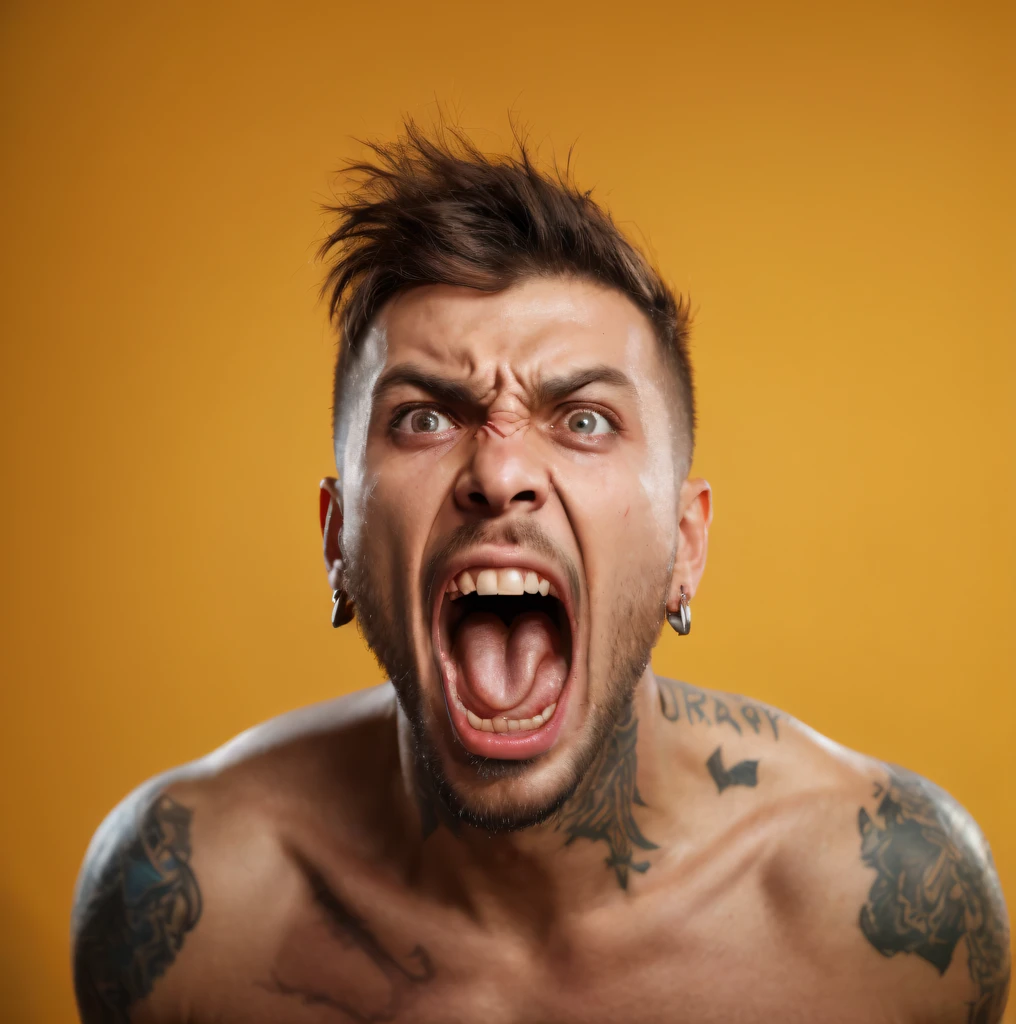 Arafed with tattoos on his chest and screaming on his chest, A man screams, Angry man, tense screaming facial expression, very angry expression, an angry expression, an angry expression, The man screams and is sad, Angry look, he is screaming, shouting, shout, shout, screaming in pain, Madman screams, angry face, scary angry pose, Evil 8 K, shout, 8K, Masterpiece, RAW photo, Best Quality, Photorealistic, Extremely detailed CG unity 8k wallpapers, Depth of field, cinematiclight, lens flare, Ray Tracing, (extremely beautiful face, Beautiful lips, Beautiful eyes), ((ultra detailed skin))