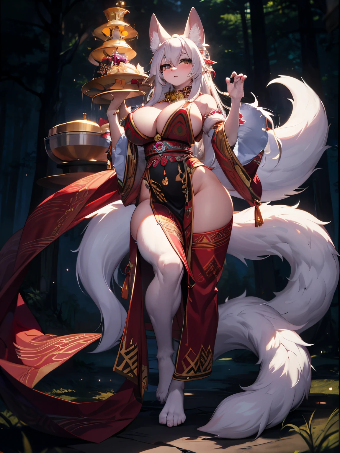 (Best quality),4K,Noble female nine-tailed white fox,furry ears and hands and feet,long leges,The expression is fascinating,Wear tribal clothing,forest backgrou,orc race,Pink Long Hair