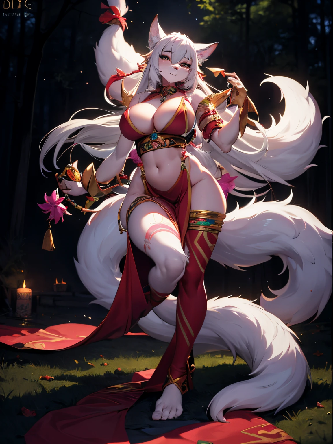 （Best quality），4K，Noble female nine-tailed white fox，furry ears and hands and feet，long leges，The expression is fascinating，Wear tribal clothing，forest backgrou，orc race，Pink Long Hair