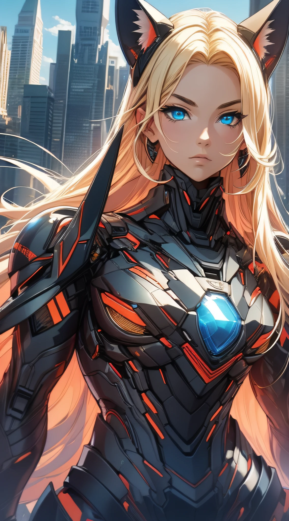 top-quality、Top image quality、masterpiece、Huge Girl((black mechanic body、Shining red body line、Thorny armor、18year old、 Ager、Best Bust、big bast,Beautiful light blue eyes, Long Blonde Hair、A slender,Large valleys、Reflecting the whole body)),hiquality、Beautiful Art、Background with((chee、Skyscrapers、helicopter、Bolides))masterpiece、depth of fields,