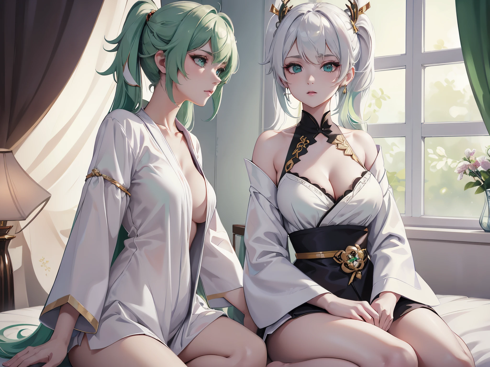 tmasterpiece , Best quality,Nahida(genshin impact), 1 sister , white shirt:1.5 ,side ponytails ,White hair ,colorfulhair, Green-eyed,Sling pajamas , has cleavage , onbed , Green hair,The lights are dim,a point light source
