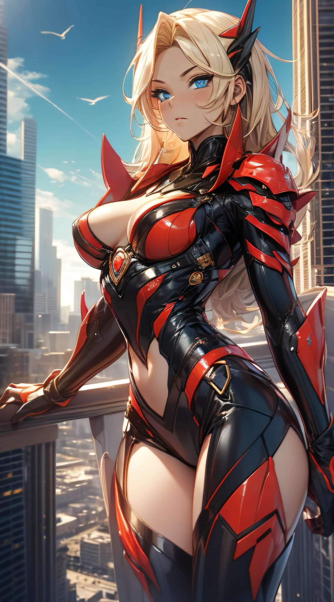 top-quality、Top image quality、​masterpiece、Huge Girl((black mechanic body、Shining red body line、Thorny armor、18year old、 Ager、Best Bust、big bast,Beautiful light blue eyes, Long Blonde Hair、A slender,Large valleys、Reflecting the whole body)),hiquality、Beautiful Art、Background with((chee、Skyscrapers、helicopter、Bolides))​masterpiece、depth of fields,