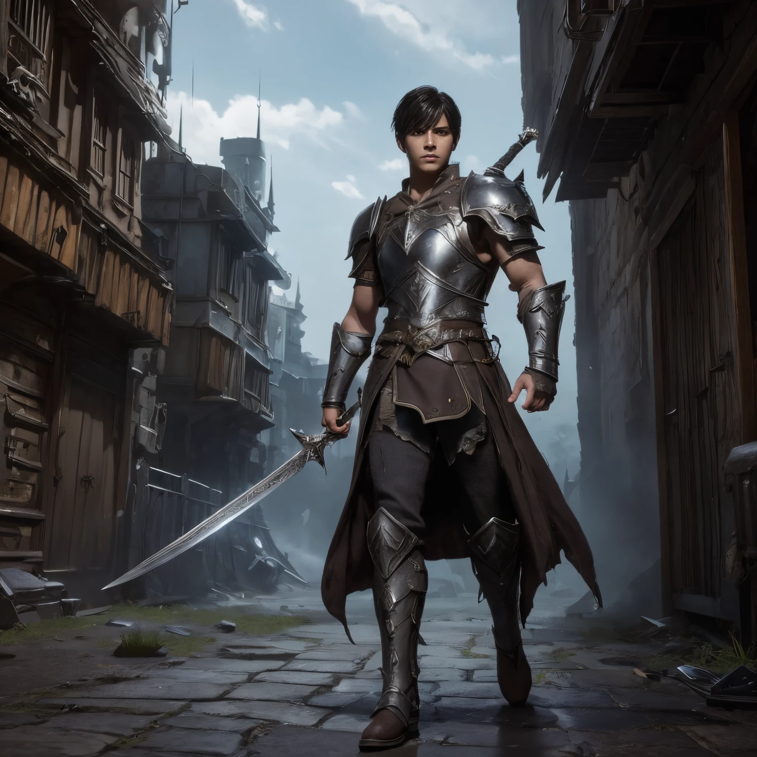 RPG style young boy wearing chest armor with cropped dark hair and worn and cracked cuffs shabby dark clothes holding shield and sword dark boots full body image with fantasy RPG city background walking forward confident expression amazing details on face and body