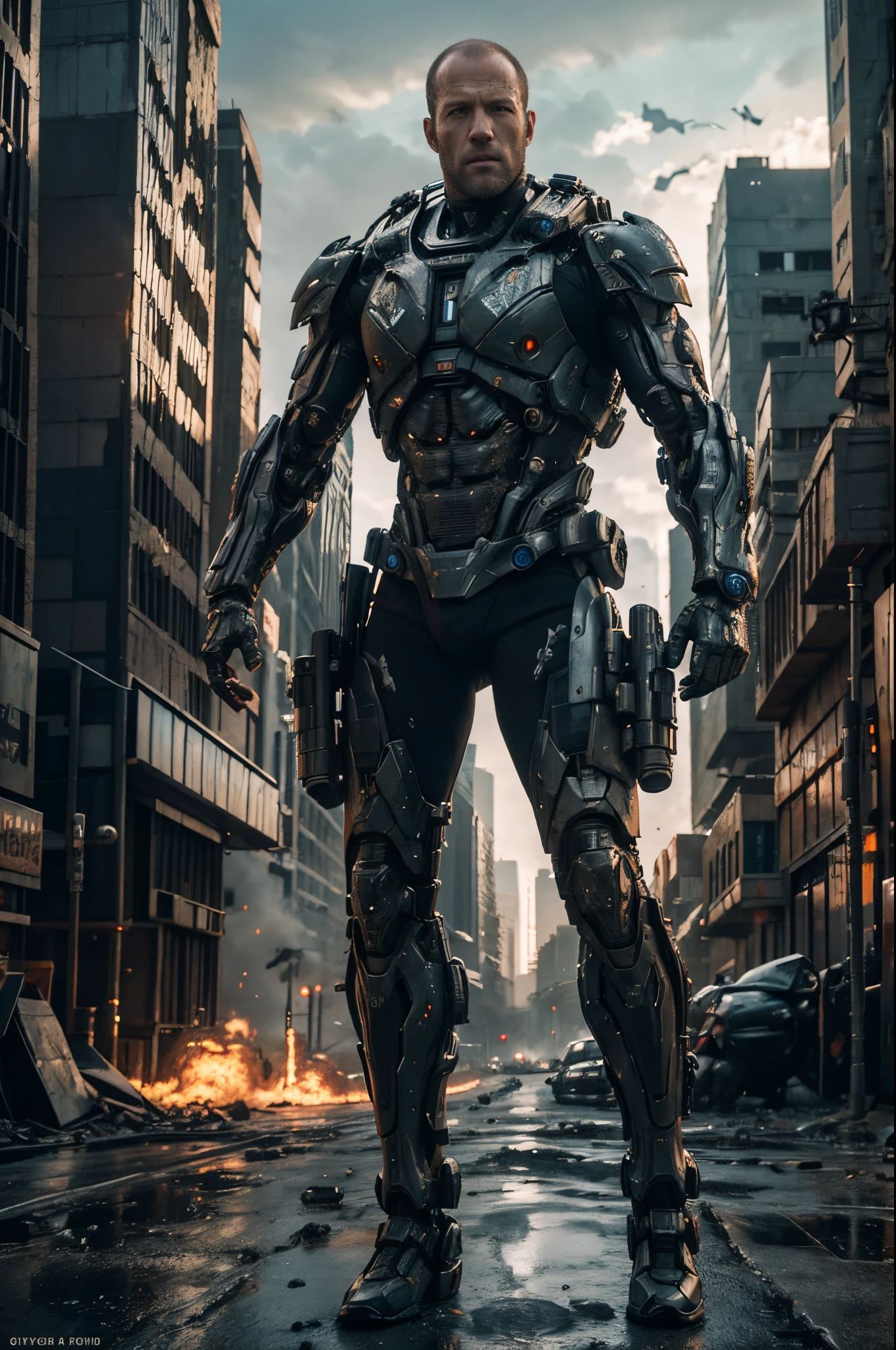 Jason Statham plays the gray and black mecha action hero,Cyberpunk style wearing futuristic battle suit with tactical gear in movie action movie scene,The ruins of an apocalyptic city are in the background,Firesmoke,real rendering,Shooting action, cinematic Film still from, Very meticulous, tmasterpiece, 8K, HighDynamicRange, Hyper-Resolution,