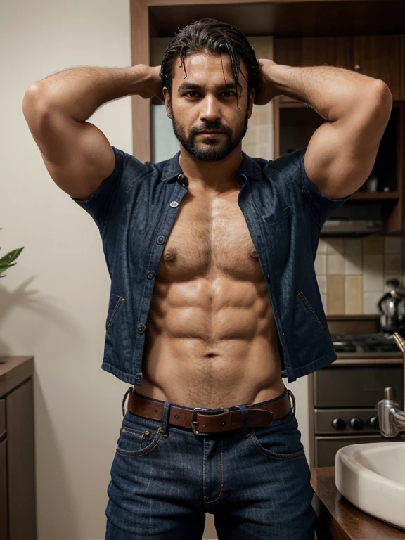 Your Dark Brown Skin, seus cabelos negros, dripping water, fell over his forehead and almost touched his eyes. Your thick lips, avermelhados, estavam entreabertos, num sorriso discreto e encantador, que revelavam dentes perfeitos. Uma barba espessa, But, bem aparada, gave a special charm to that square face and, estupidamente, manly. His arms were strong and seemed to want to rip the sleeves off his brown leather jacket., que ele usava por cima de uma camisa de mangas compridas, num tom azul celeste. The shirt buttons, pareciam estar presos por um fio, to the point where they came loose and exposed his muscular, hairy chest, which puffed out the thin fabric of that shirt.. Na cintura, a dark brown belt held up navy blue jeans, que, even if I didn't want to see, se ajustava perfeitamente ao seu corpo, revealing a pronounced volume in the region of your dick, assim como coxas volumosas, perfeitamente torneadas.