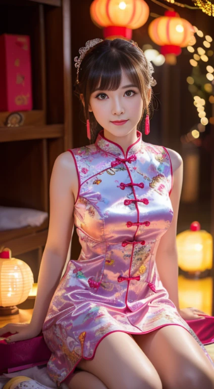 high high quality,ultra - detailed,(actual,realistically,realisticlying,,Full body lesbian,20 year old innocent girl，on cheongsam,Gift box,Colorful lights,vibrant with colors,,gentlesoftlighting,Fantastical Atmosphere,in a box,Gift box,