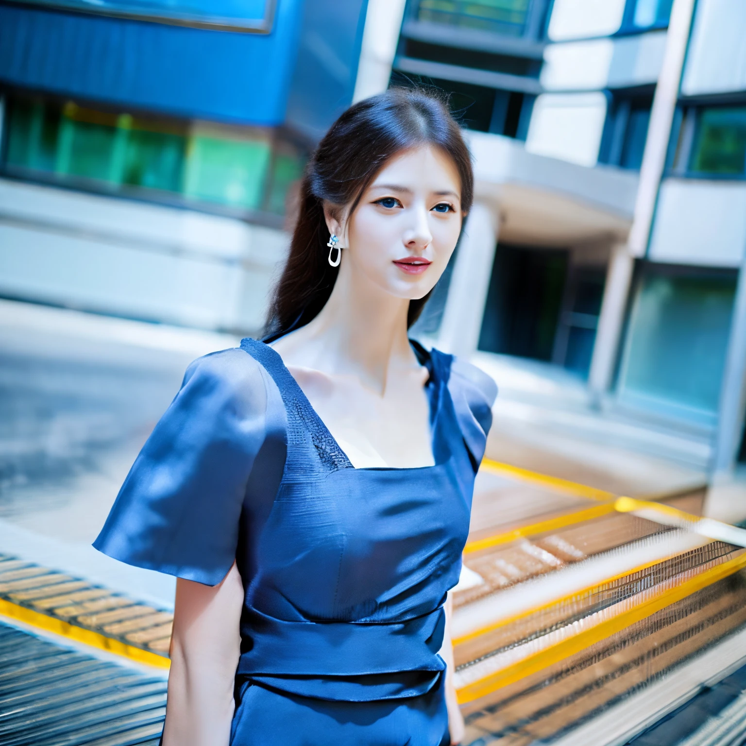 1 woman, Black hair, Blue Pupils, Delicate face, Cute, Love Earrings, White Dress, Stand at the entrance of the police station, Playful, Ultra HD, masutepiece, Best Quality, Super Detail, ccurate