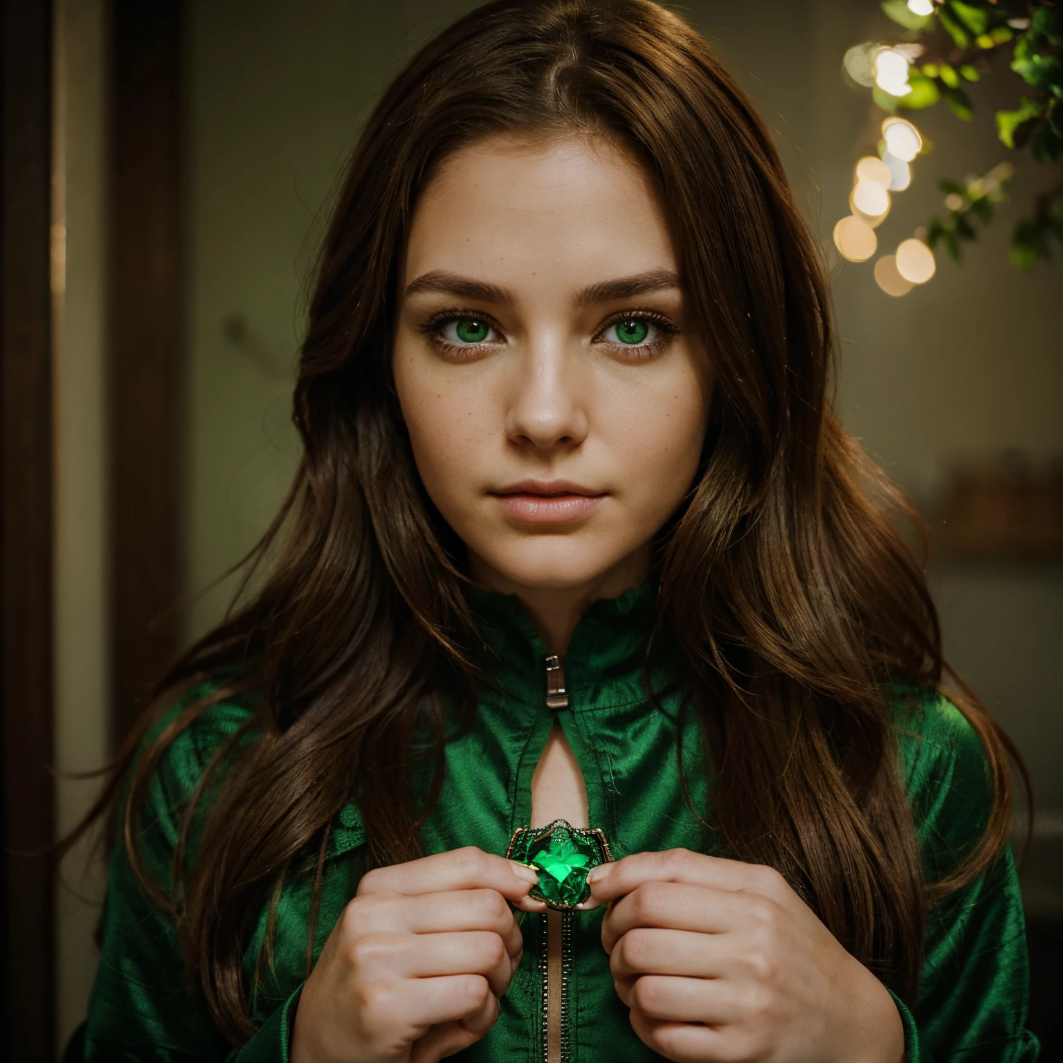 A woman with brown hair, green at the tips. She has green emerald eyes with hazel. In her hands are two green flames.