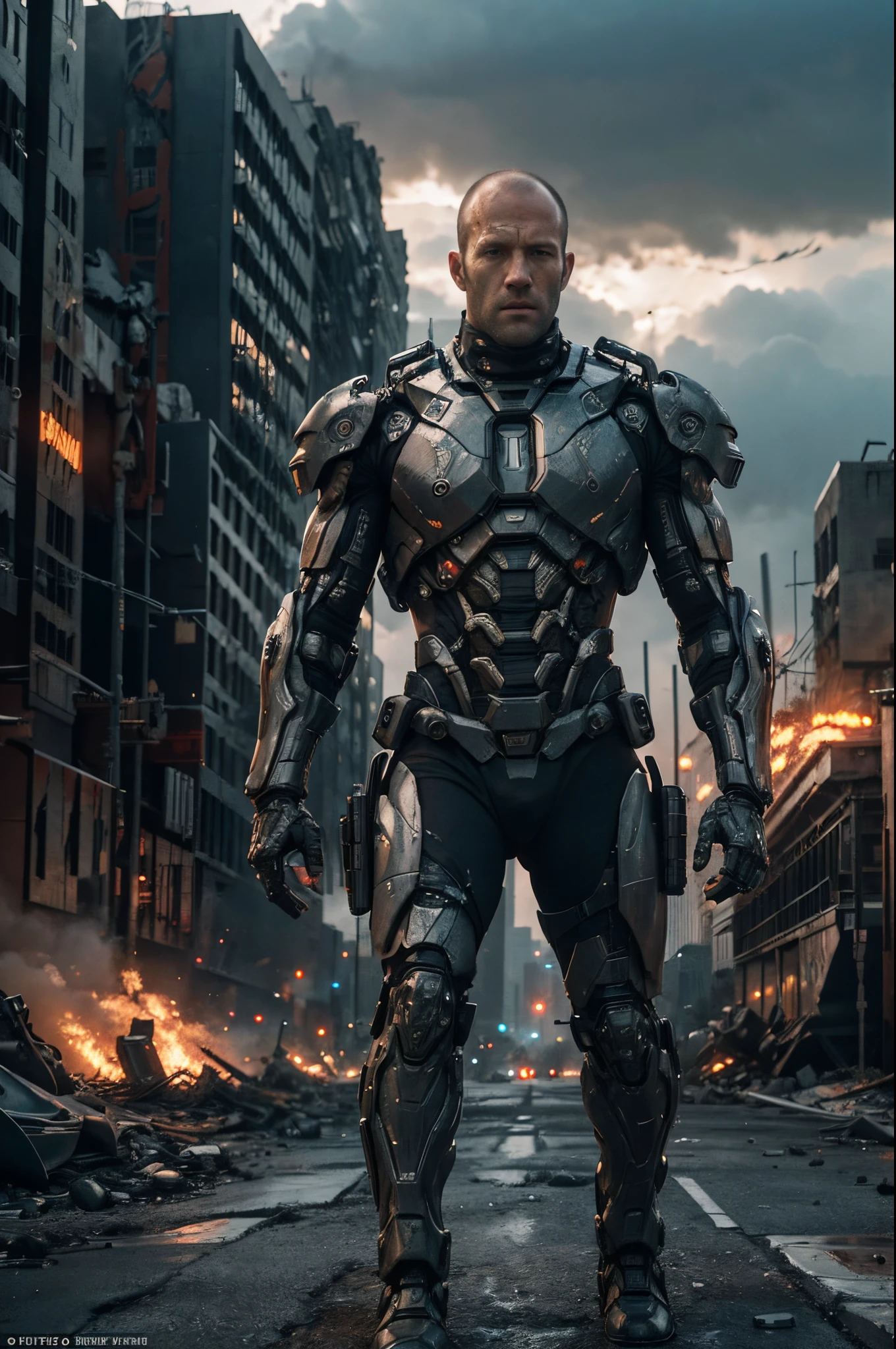 Jason Statham plays the gray and black mecha action hero,Cyberpunk style wearing futuristic battle suit with tactical gear in movie action movie scene,The ruins of an apocalyptic city are in the background，Firesmoke，real rendering，Shooting action， cinematic Film still from, Very meticulous, tmasterpiece, 8K, HighDynamicRange, Hyper-Resolution,