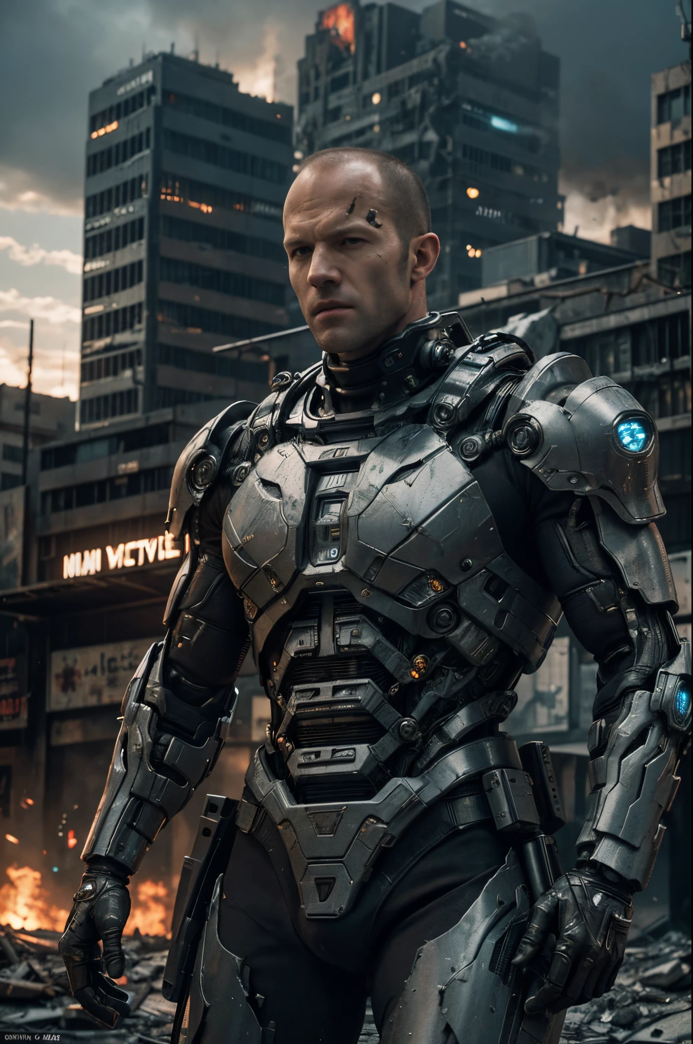 Jason Statham plays the gray and black mecha action hero,Cyberpunk style wearing futuristic battle suit with tactical gear in movie action movie scene,The ruins of an apocalyptic city are in the background，Firesmoke，real rendering，Shooting action， cinematic Film still from, Very meticulous, tmasterpiece, 8K, HighDynamicRange, Hyper-Resolution,