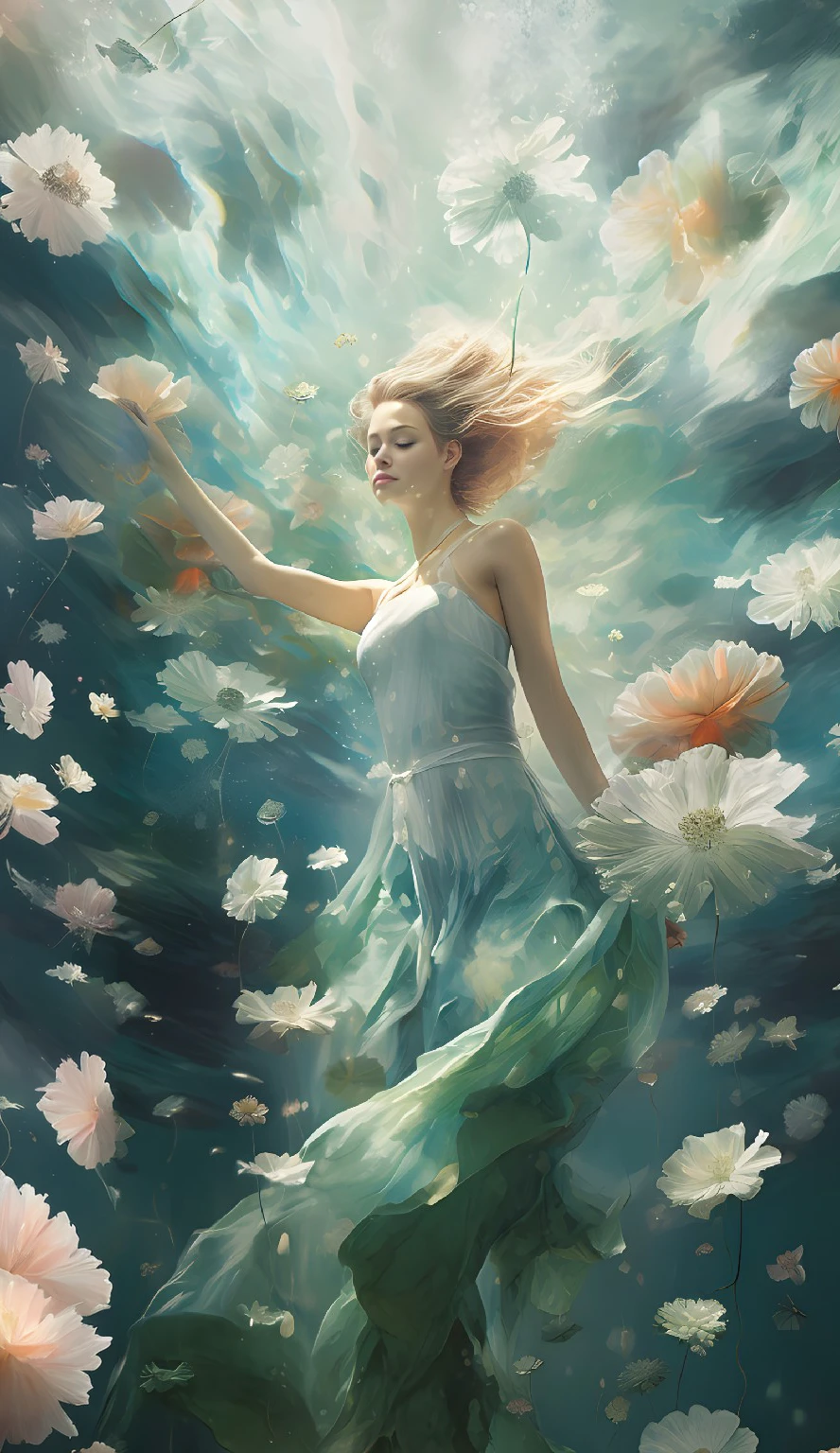 Drawing of a woman wearing a dress floating in the water, Beautiful digital artwork, A beautiful artistic illustration, beautiful digital painting, gorgeous digital painting, beautiful digital illustration, beautiful gorgeous digital art, dreamlike digital painting, elegant digital painting, stunning digital illustration, Beautiful digital illustrations, Very Beautiful Digital Art, Wop&#39;s Art, beautiful digital art, Wopp painting style