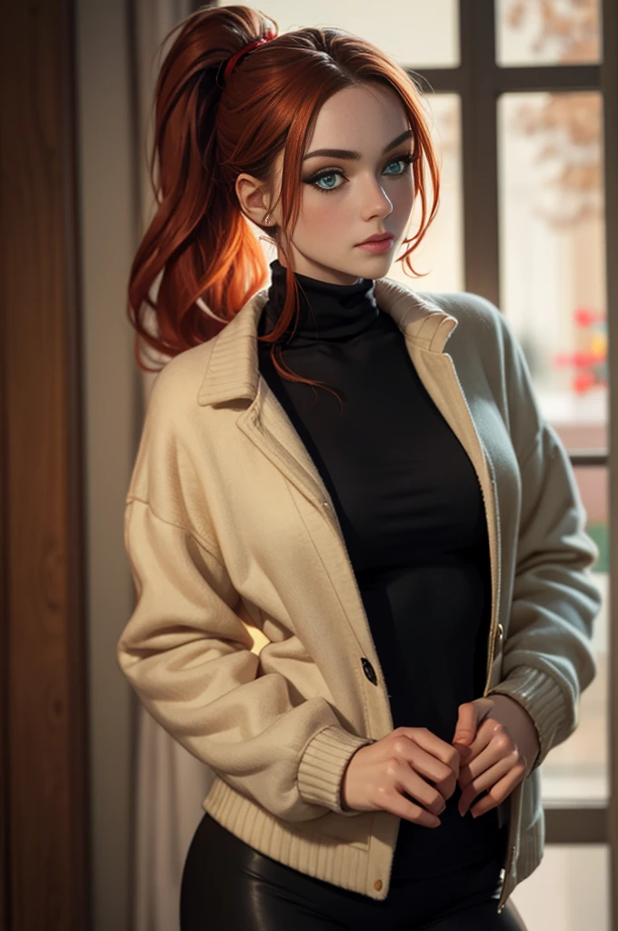 Redhead, high ponytail, ( glancing left), full lips, modelesque figure, emarald green eyes, full body, soft lighting, red jacket on black turtleneck, , one person photoshoot, expressionless, leggings