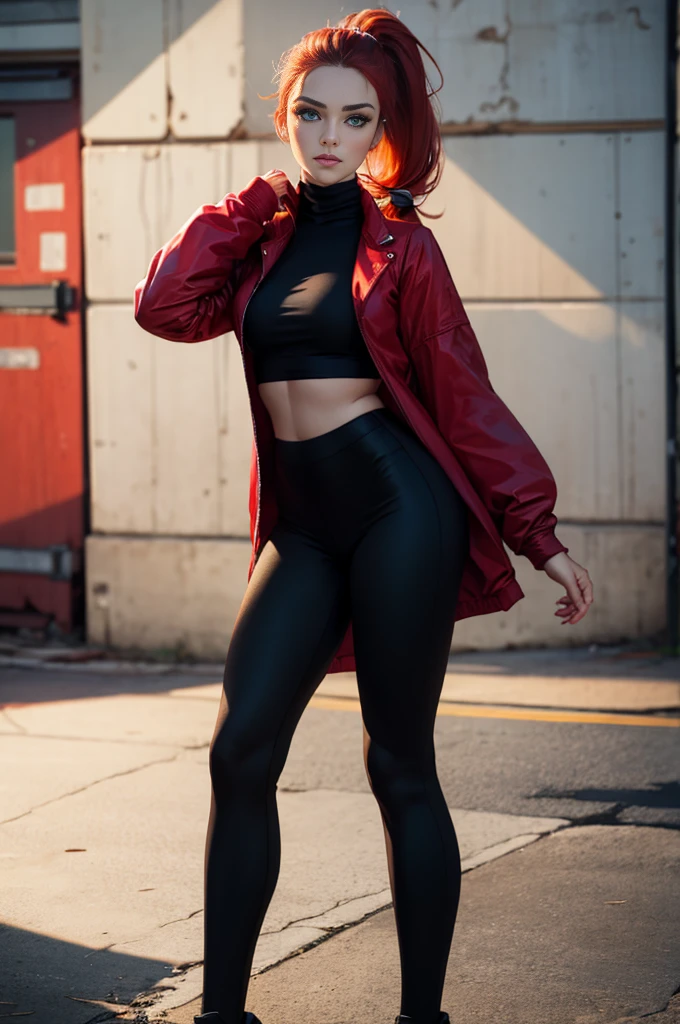 Redhead, high ponytail, ( glancing left), full lips, modelesque figure, emarald green eyes, full body, soft lighting, red jacket on black turtleneck, , one person photoshoot, expressionless, leggings