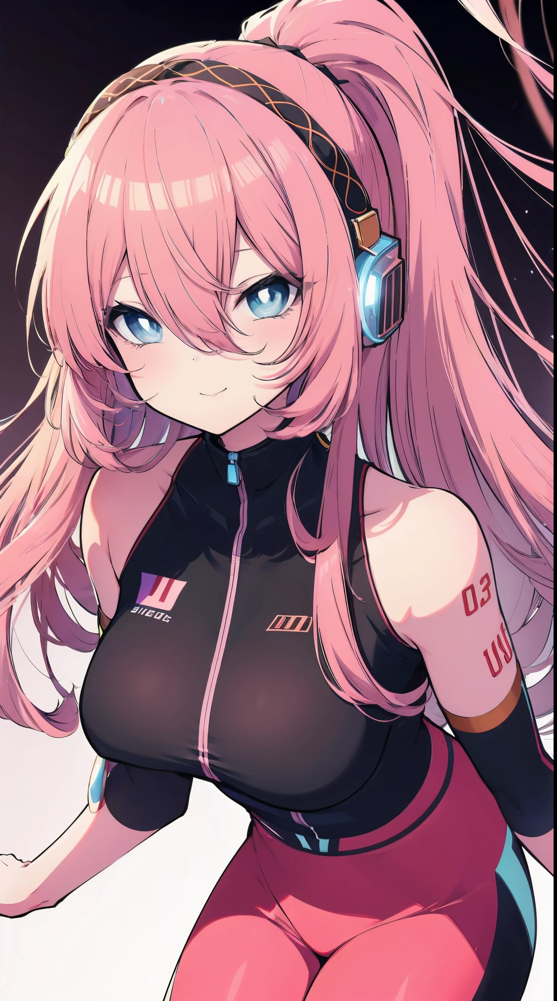 (masterpiece), best quality, (smiling), Luka Megurine, Luka, Vocaloid, (wearing a black and pink racing suit:1.2), Luka Megurine, megurine luka, ponytail, pastel blue eyes, pink long hair, hair between eyes, headphones, beautiful background, (dynamic posing), expressive