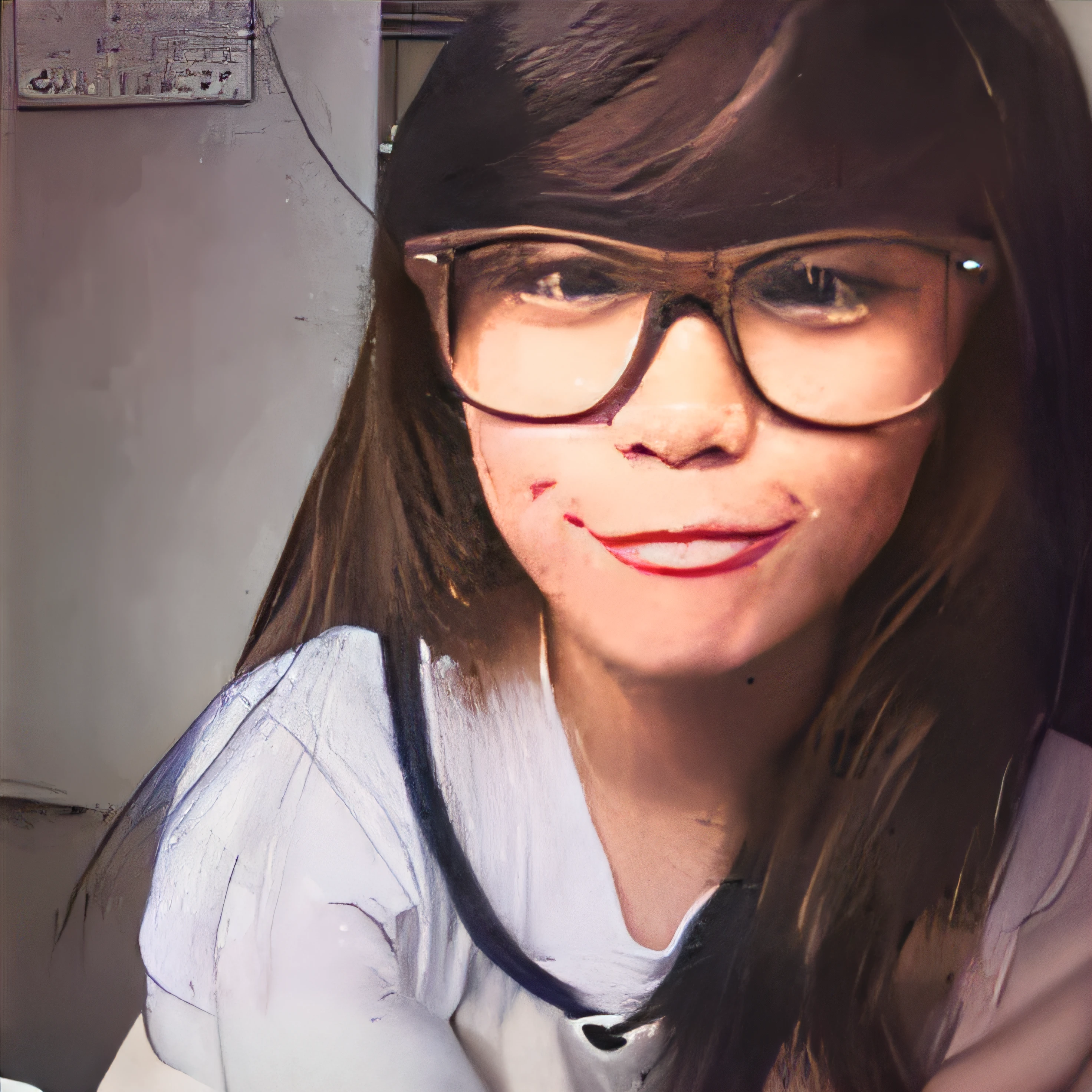 there is a woman with glasses and a tie sitting on a couch, !!wearing glasses!!, cute slightly nerdy smile, !!wearing modern glasses!!, spectacled, slight nerdy smile, cindy avelino, with glasses on, she wears harry potter glasses, wears glasses, with glasses, girl with glasses, ruan cute vtuber, slight cute smile, real ungine