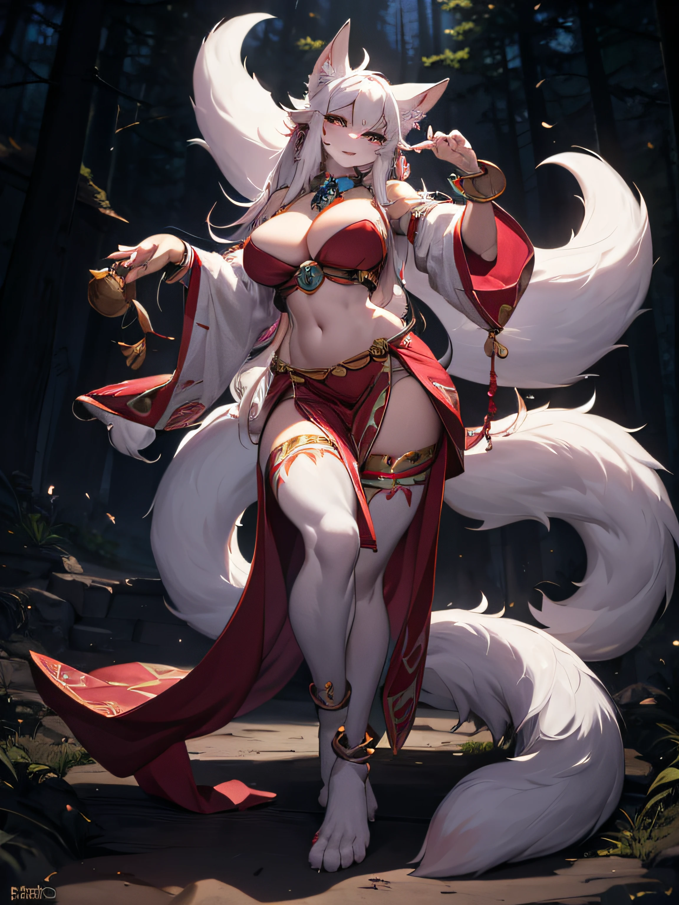 (Best quality at best),4K,Noble female nine-tailed white fox,furry ears and hands and feet,long leges,The expression is fascinating,Wear tribal clothing,forest backgrou,orc race,Pink Long Hair