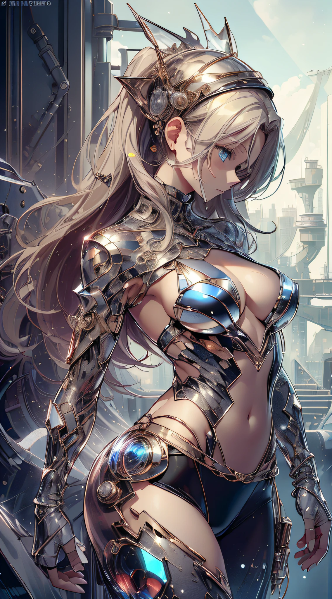 top-quality、Top image quality、​masterpiece、Teenage girl((black mechanic body、Shining red body line、Thorny armor、18year old、 Ager、Best Bust、big bast,Beautiful light blue eyes, Long Blonde Hair、A slender,Large valleys、Reflecting the whole body、black mechanic helmet、shiny black visor、Power cables are stretched all over the body、red mechanical tail)),hiquality、Beautiful Art、Background with((research complex、Mechanical Laboratory、bio research))​masterpiece、depth of fields,