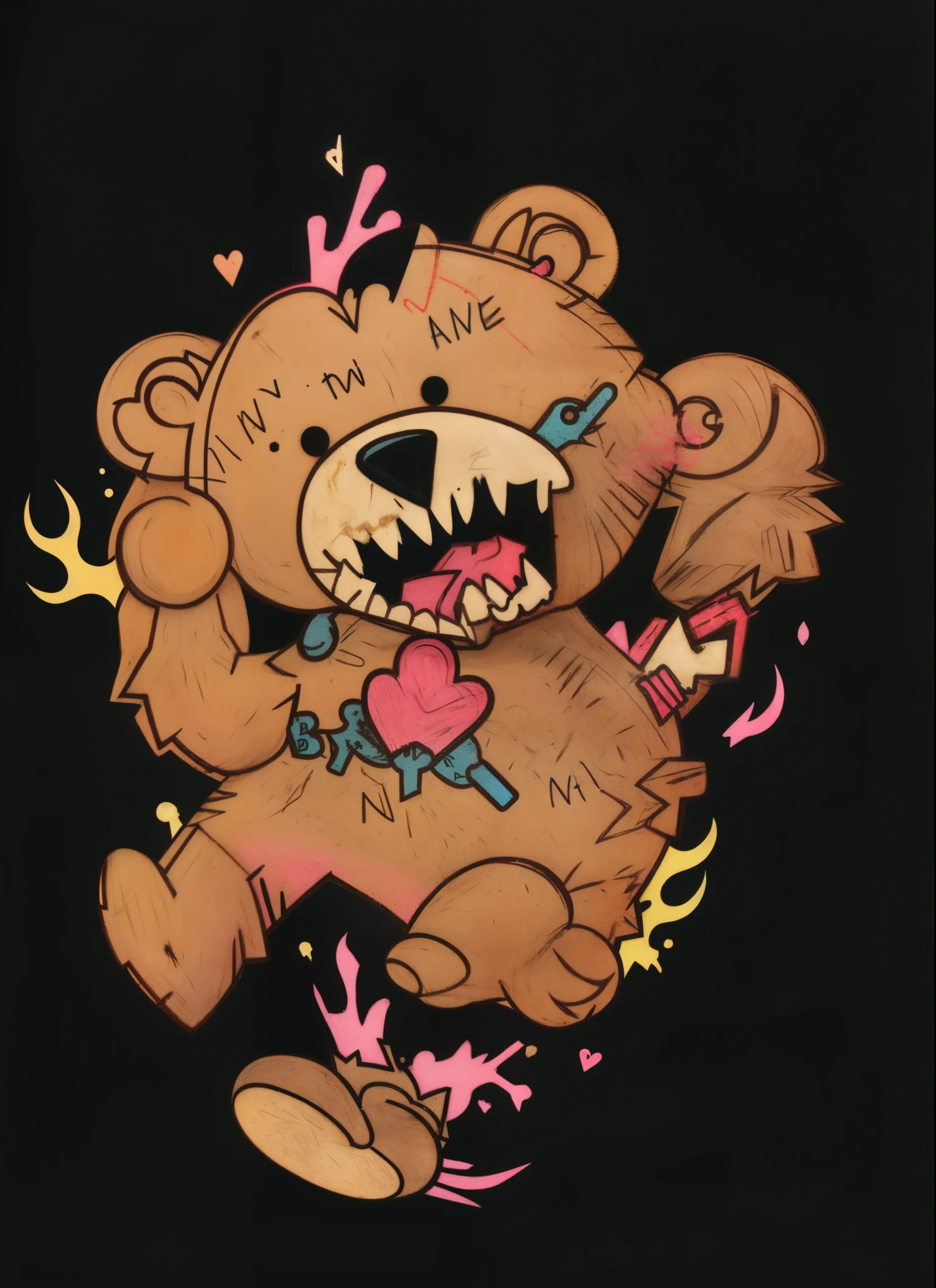 There is a picture of a teddy bear,There is a heart on it, teddy fresh, angry bear, Bjorn, toys, Great Grizzly, gummy bear, Official artwork, nychos art aesthetic, Cookie, Funk 👿, toy bear, Patterned T-shirt, T-shirt design, Bad trip, melted, kaws, bad bunny, Liman, bellbrick, hoarse