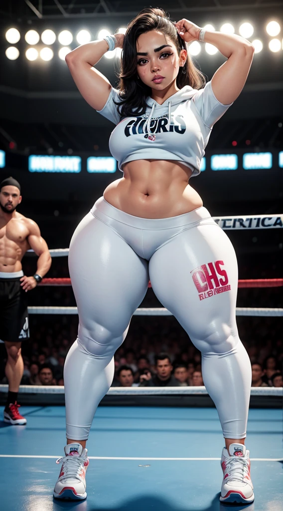 Chica enojada hermosa thicc, in boxing position, curvy athletic build, piel palida con pecas, cabello negro recogido, ojos negros, labios gruesos color rosa, cintura muy delgada, cadera muy ancha, piernas gruesas, culo muy grande, hip dips, pants cargo deportivos grises ajustados, small white hoddie, tenis jordan