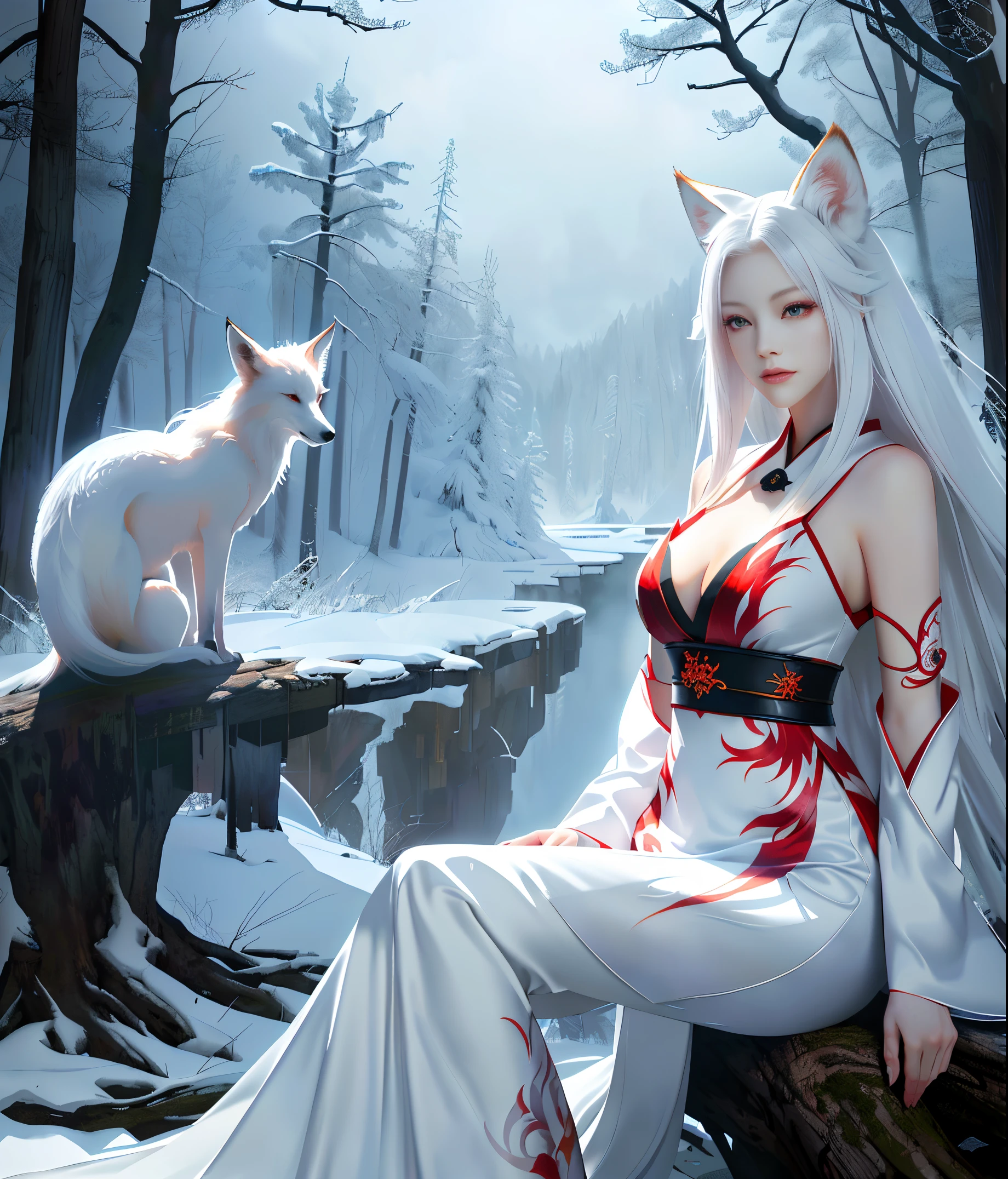 Realistic visuals,full body image,sexy beautiful young woman,A white-haired fox sitting on a branch The fox can do it...........Red Dresses, nine tailed fox three tailed fox Detailed art: Onmyoji, Nine tails. Beautiful art illustrations. Mythical Creatures, fox, beautiful digital artwork. exquisite digital illustration , Mizutsune, Inspired by legendary creatures Wildnet, Digital art on PIXIV, bright lighting, high contrast, Horror Movie Themes, gloomy atmosphere