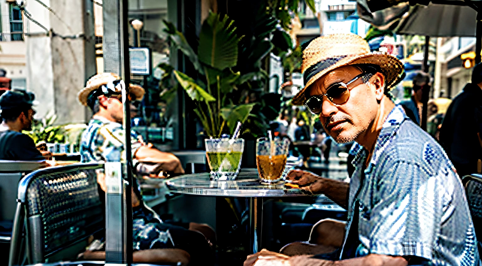 Joe Pantoliano in shorts and a Hawaiian shirt, I'm sitting alone on the street in a cafe at a table, cocktail in hand, He wears a straw hat on his head, Aliens are sitting next to the tables, similar to gray, in silver spacesuits, bird-like humanoids